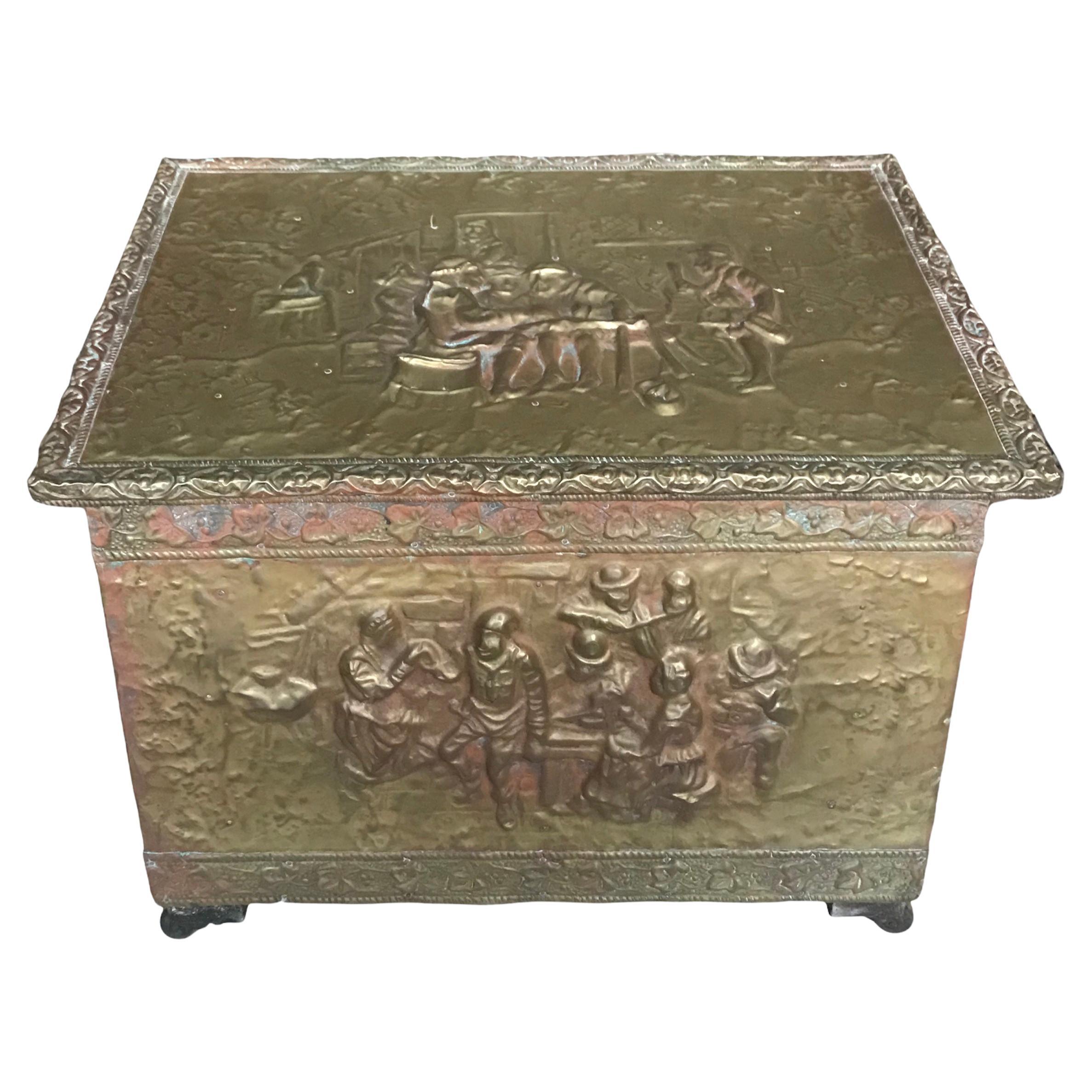 Late 19th Century Brass Tin Firewood Box For Sale