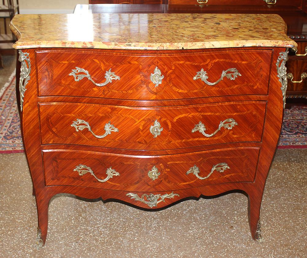  Best 3 Drawer Breche Marble French Polished Restored Commode Dresser C1890 MINT
Measures 45 inches wide x 20 inches deep x 36 inches tall.
 This is a breathtaking French-made 1890s era commode with the finest Breceh D' Alep marble top. The case has