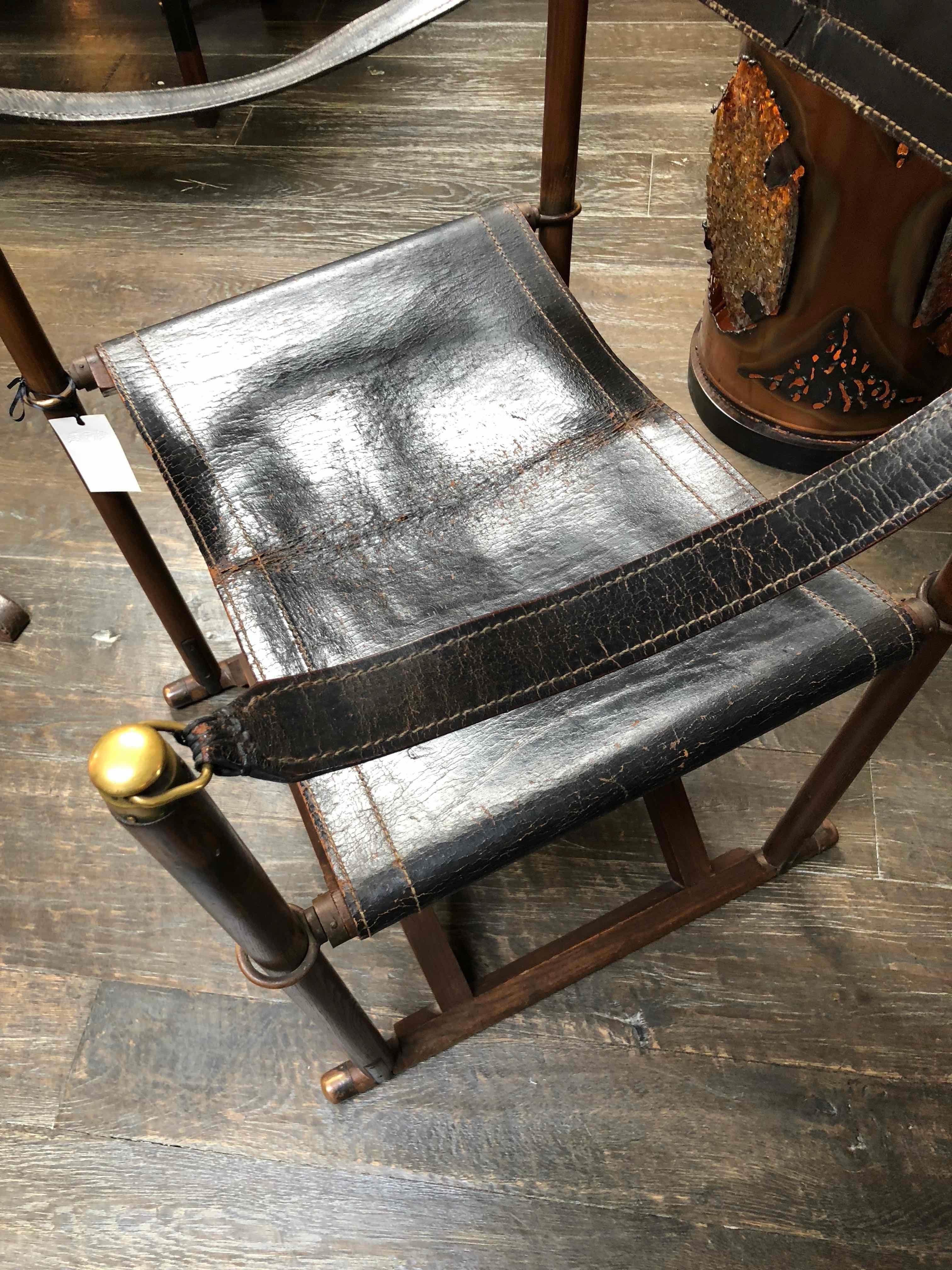 Early 20th Century Late 19th Century British Campaign Black Leather Folding Chair 