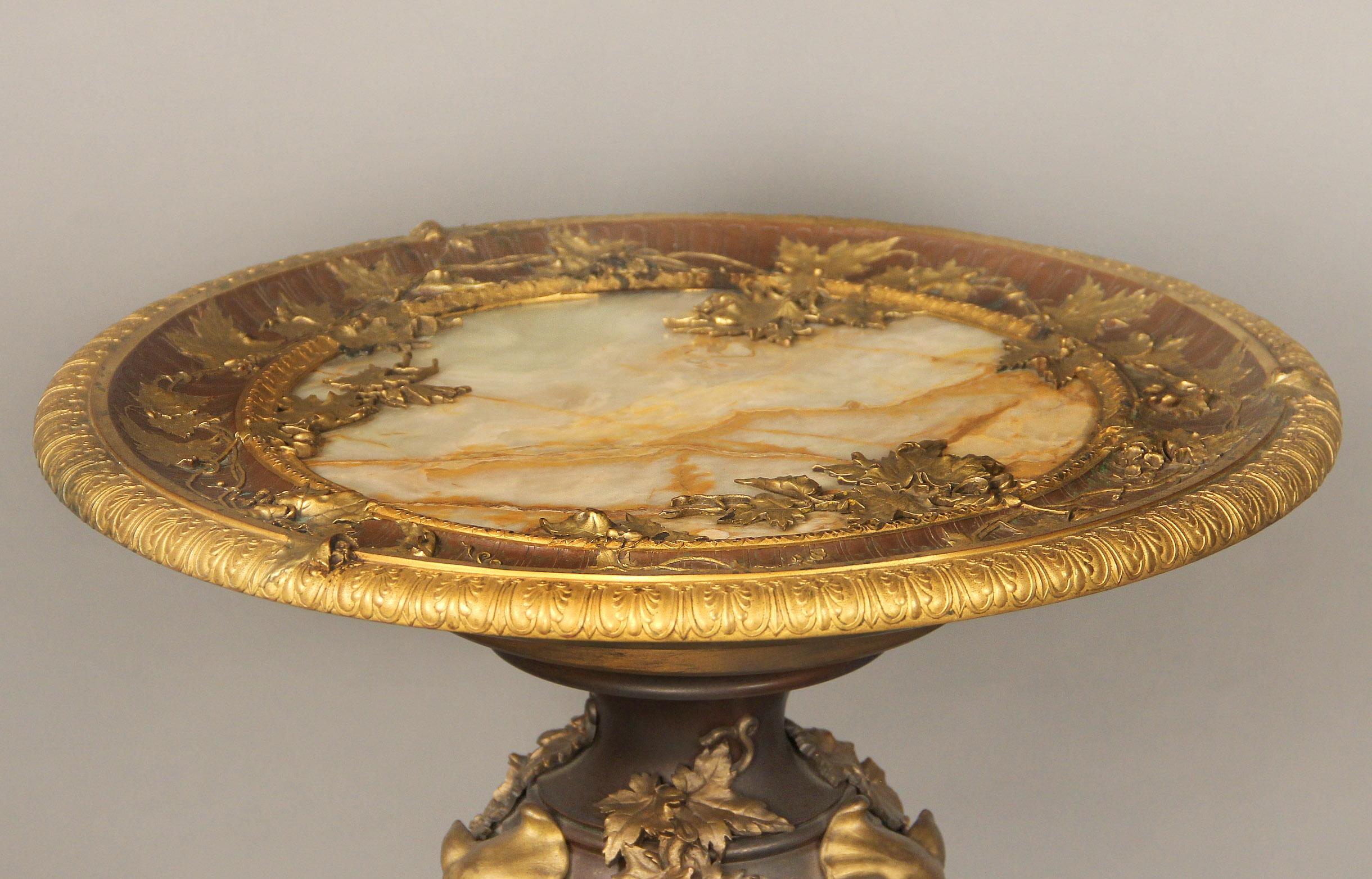 An Interesting and Rare Late 19th Century Bronze and Onyx “Athenian” Pedestal Table By Georges Servant

Georges Emile Henri Servant

The removable gilt polychrome bronze and onyx round top very finely decorated with vines, leaves and foliage,
