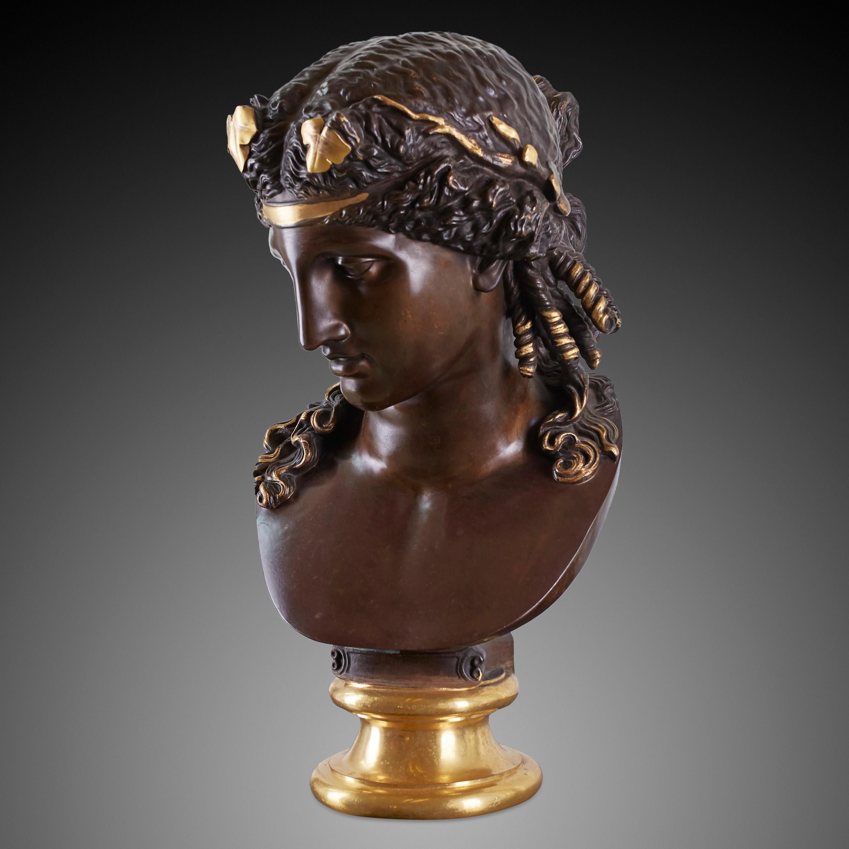 A French patinated bronze bust of Ariadne by F. Barbedienne. The fine ‘reduction a colis’ is modeled after Bertel Thorvaldsen (c. 1805-1810). This sole bust is often paired with a famous antique bust of Antinous which is now in the Fitzwilliam
