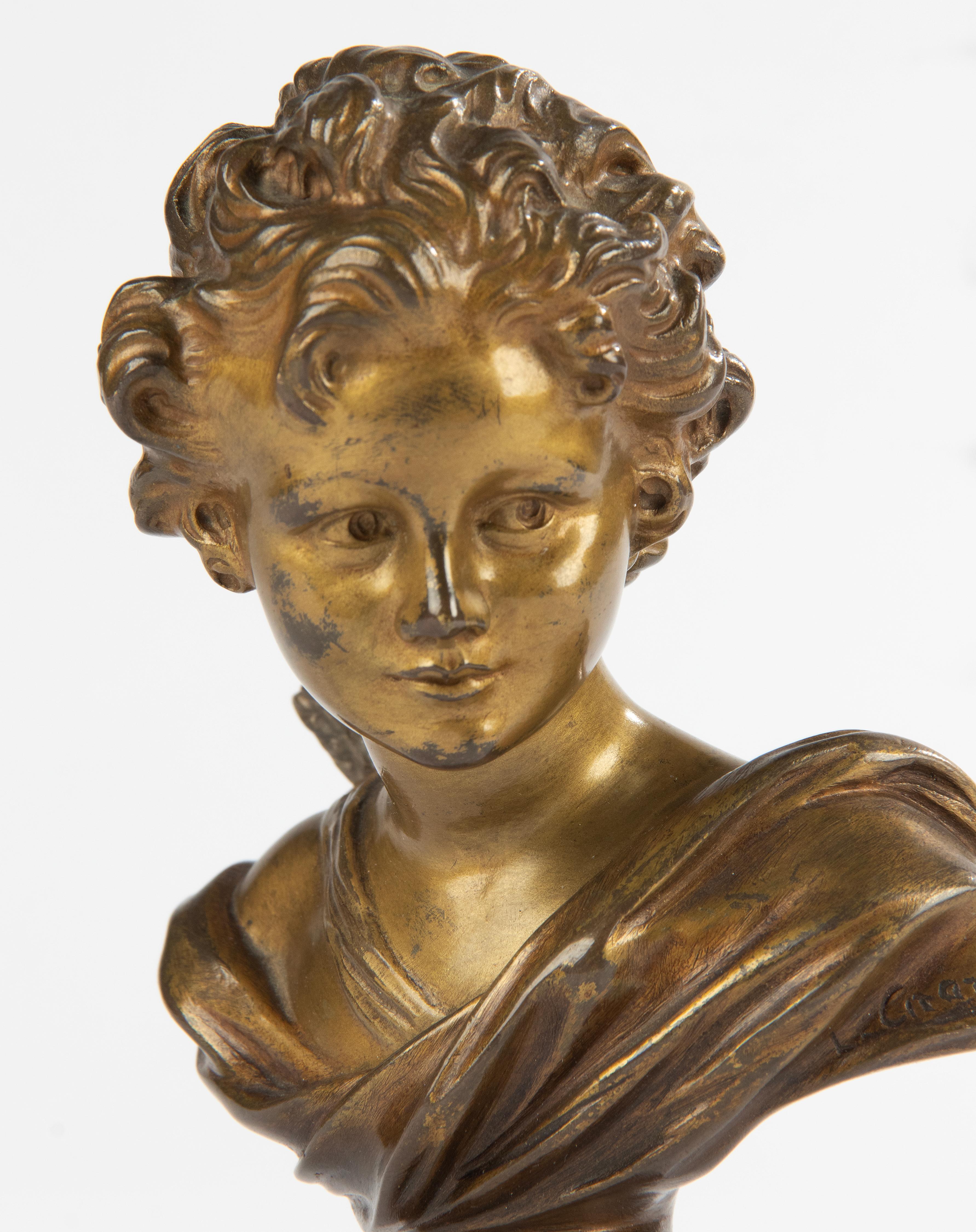 A finely bust of Cupido/Amor, made of patinated bronze. Fine quality casting and chiseling. Signed on the right shoulder Agathon Léonard. On the back the bronze foundry mark F. Goldscheider. Numbered as well, 33 / 1500.
Some wear on the patina, see