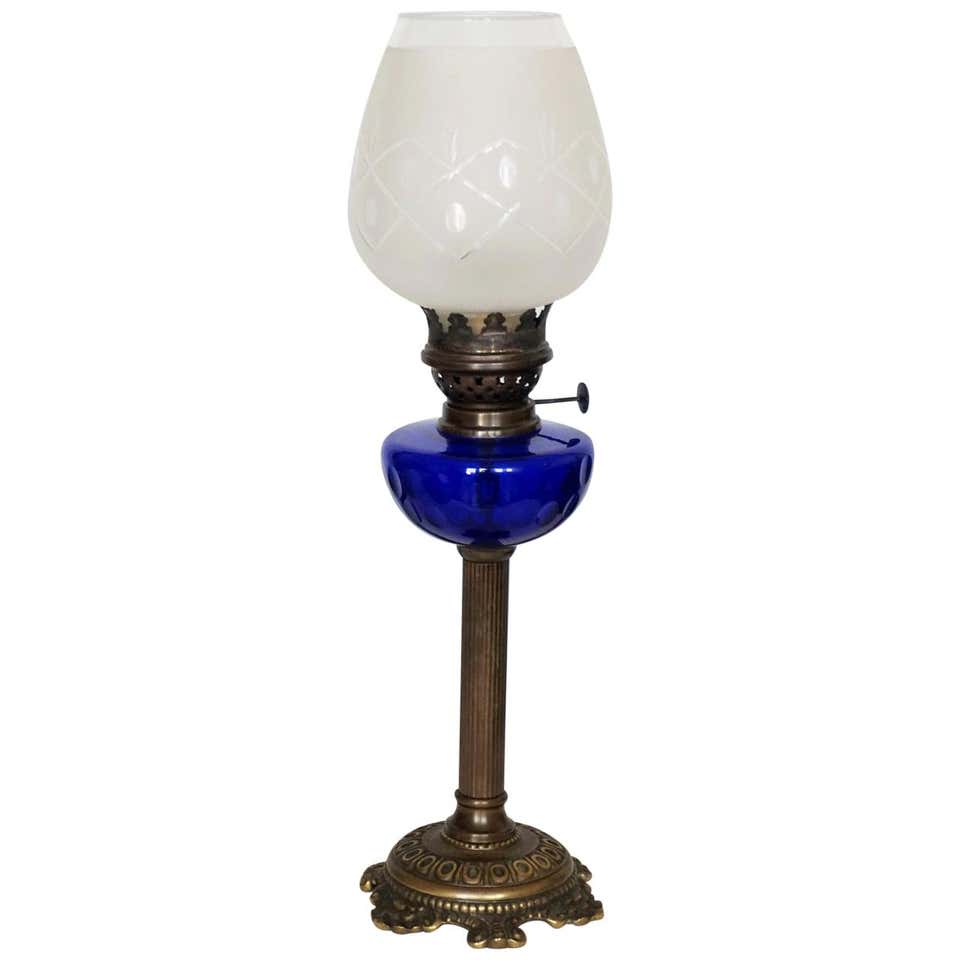 Victorian Bronze Cobalt Blue Glass Font Oil Lamp Converted to Electric ...