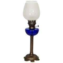 Antique Victorian Bronze Cobalt Blue Glass Font Oil Lamp Converted to Electric