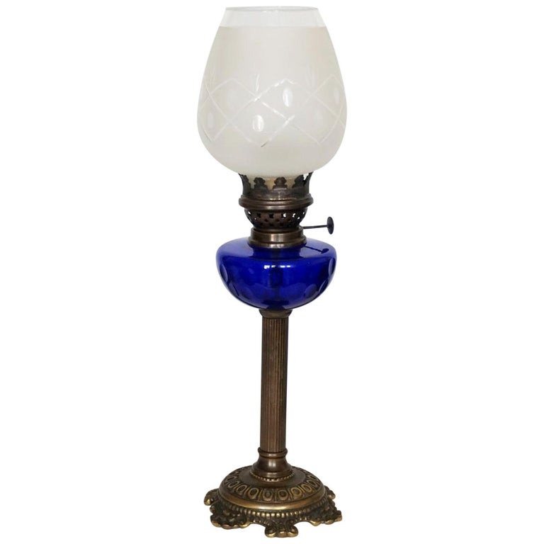 Victorian Bronze Cobalt Blue Glass Font, Antique Glass Lamps Electric
