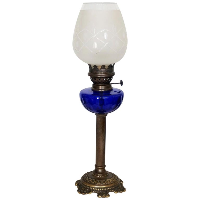 Victorian Bronze Cobalt Blue Glass Font Oil Lamp Converted To Electric For At 1stdibs Victorian Bronze Cobalt Blue Glass Font, Antique Glass Lamps Electric