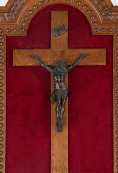 Late 19th Century Bronze Crucifix Corpus Christi in Carved Walnut Frame