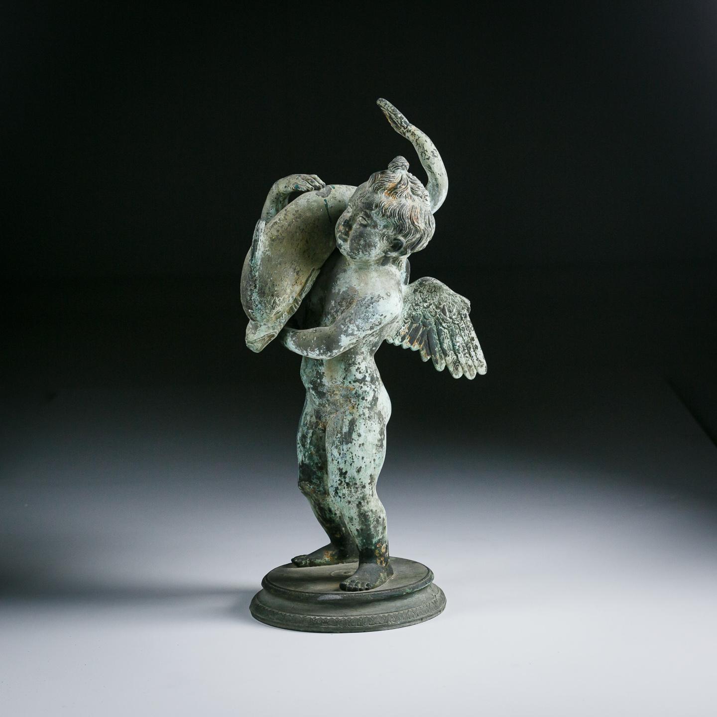 Late 19th Century Bronze Cupid with Dolphin by Sabatino De Angelis & Sons In Fair Condition In Pease pottage, West Sussex