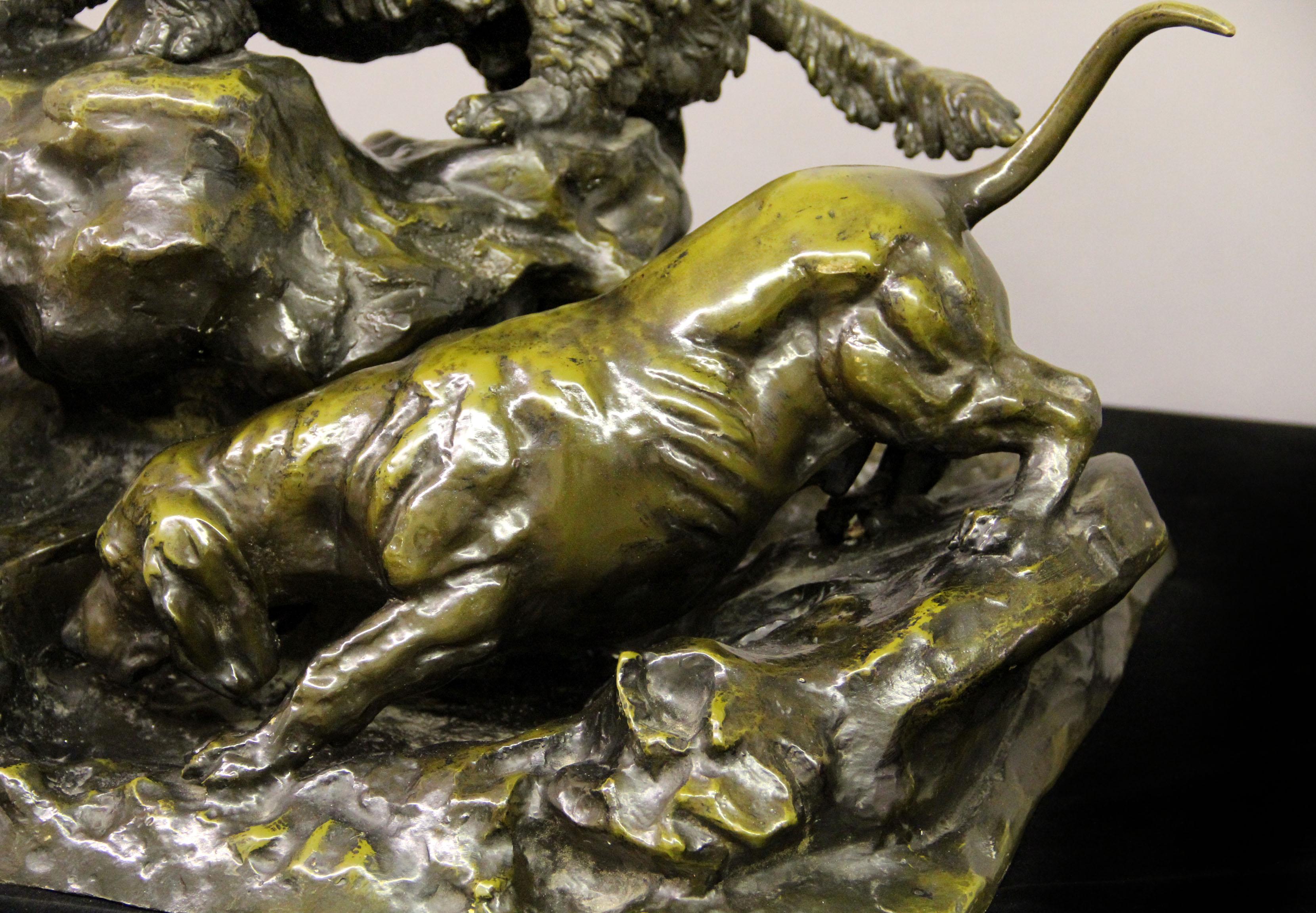 Late 19th century bronze patina dog sculpture entitled “Perros de Caza”

By Jules Moigniez

Depicting three hunting dogs searching the fox hole.

Jules Moigniez (28 May 1835 – 29 May 1894) was a French animalier sculptor who worked during the