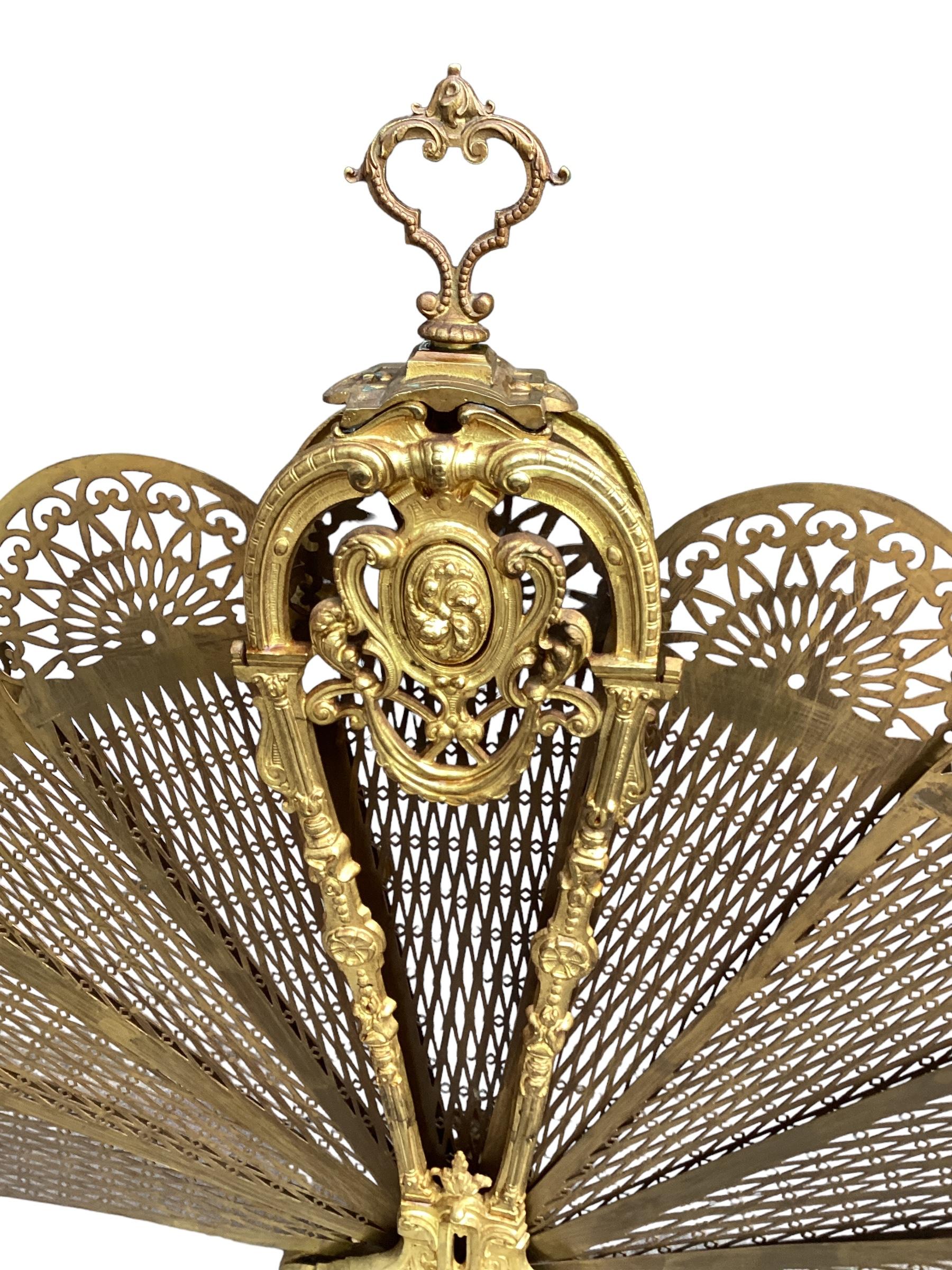 Late 19th Century Bronze Doré and Brass Peacock Fan Style Fireplace Screen In Good Condition In Chapel Hill, NC