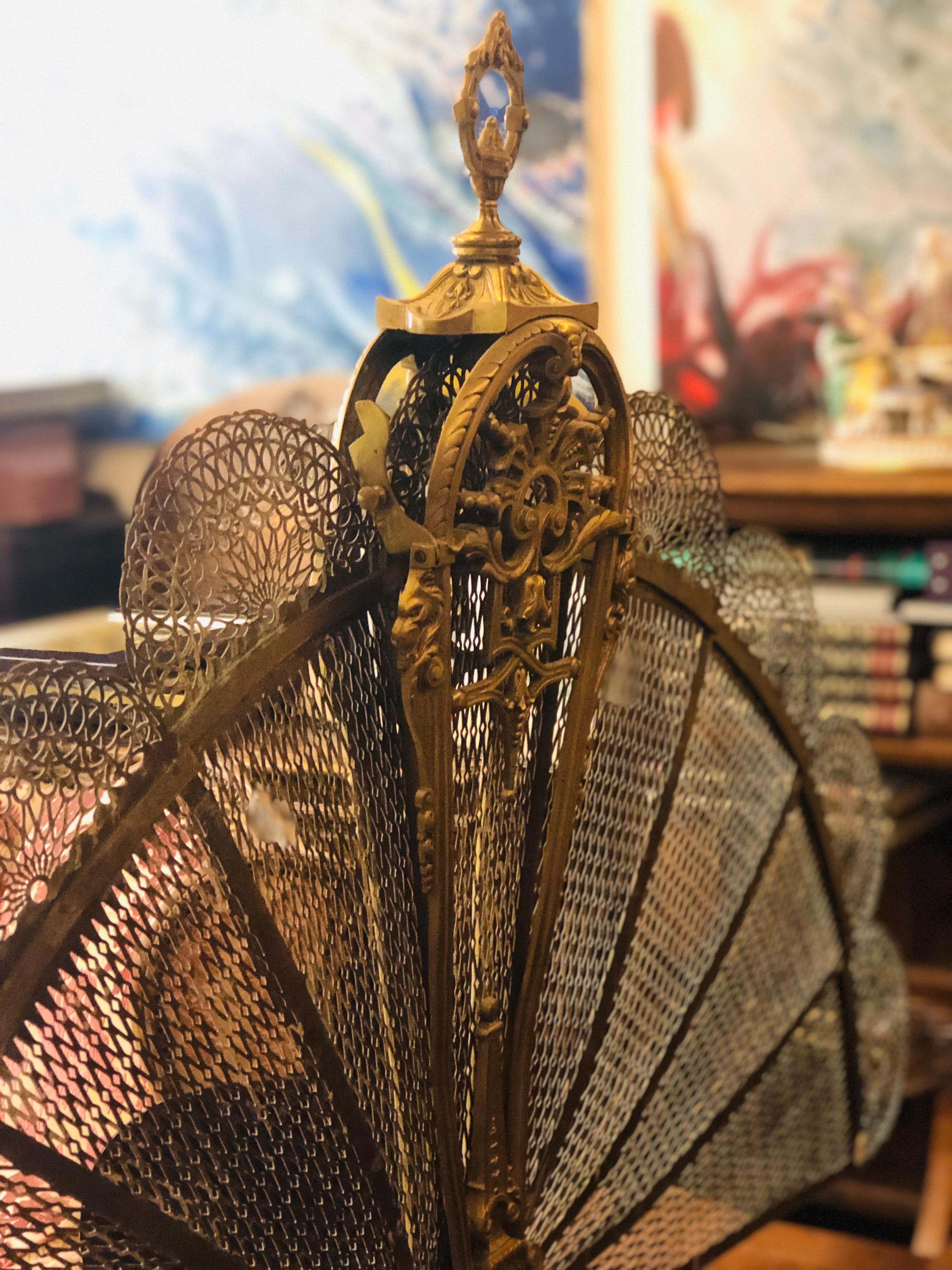 French Late 19th Century Bronze Doré and Brass Peacock Fan Style Fireplace Screen