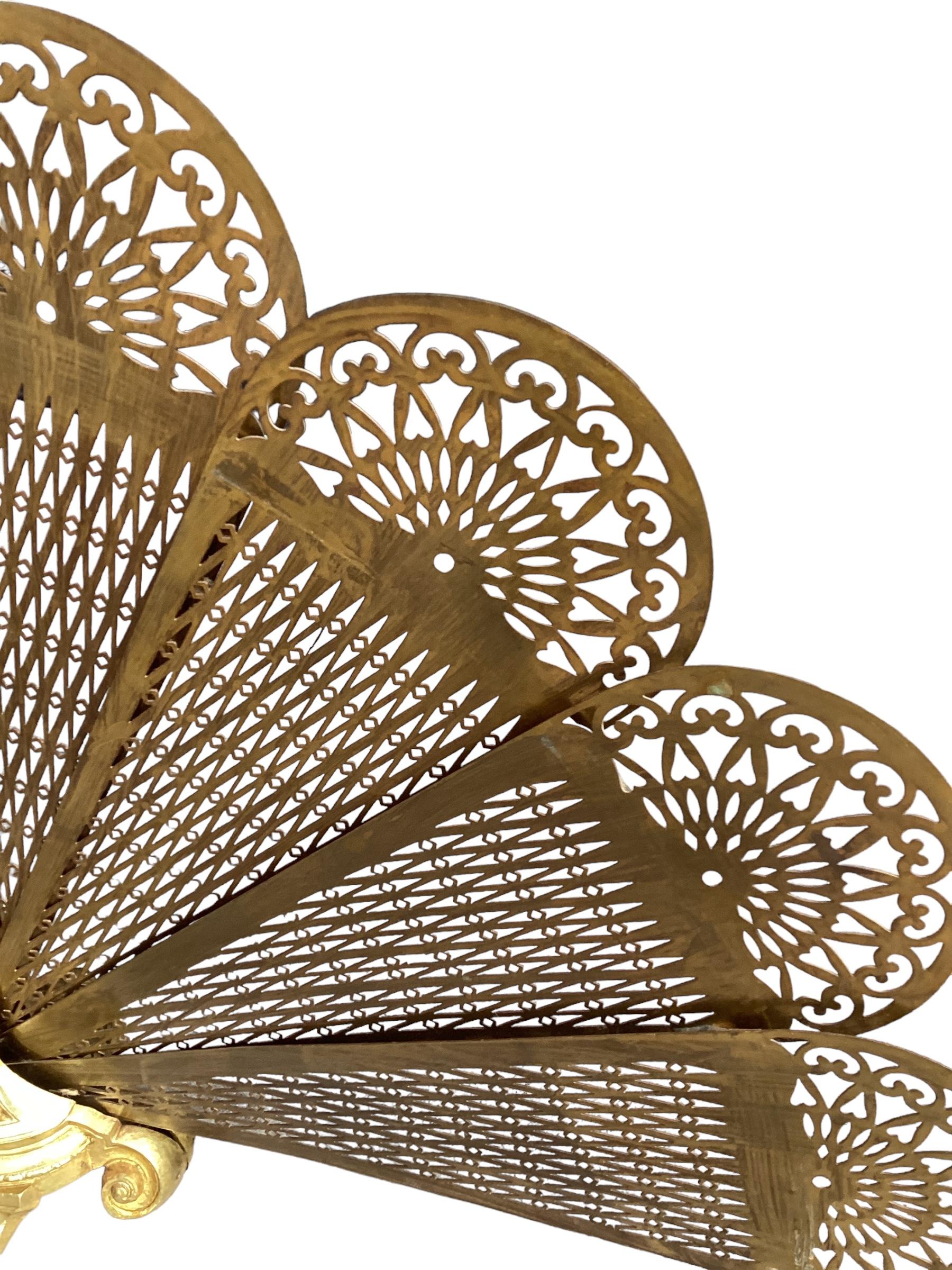 Gold Late 19th Century Bronze Doré and Brass Peacock Fan Style Fireplace Screen