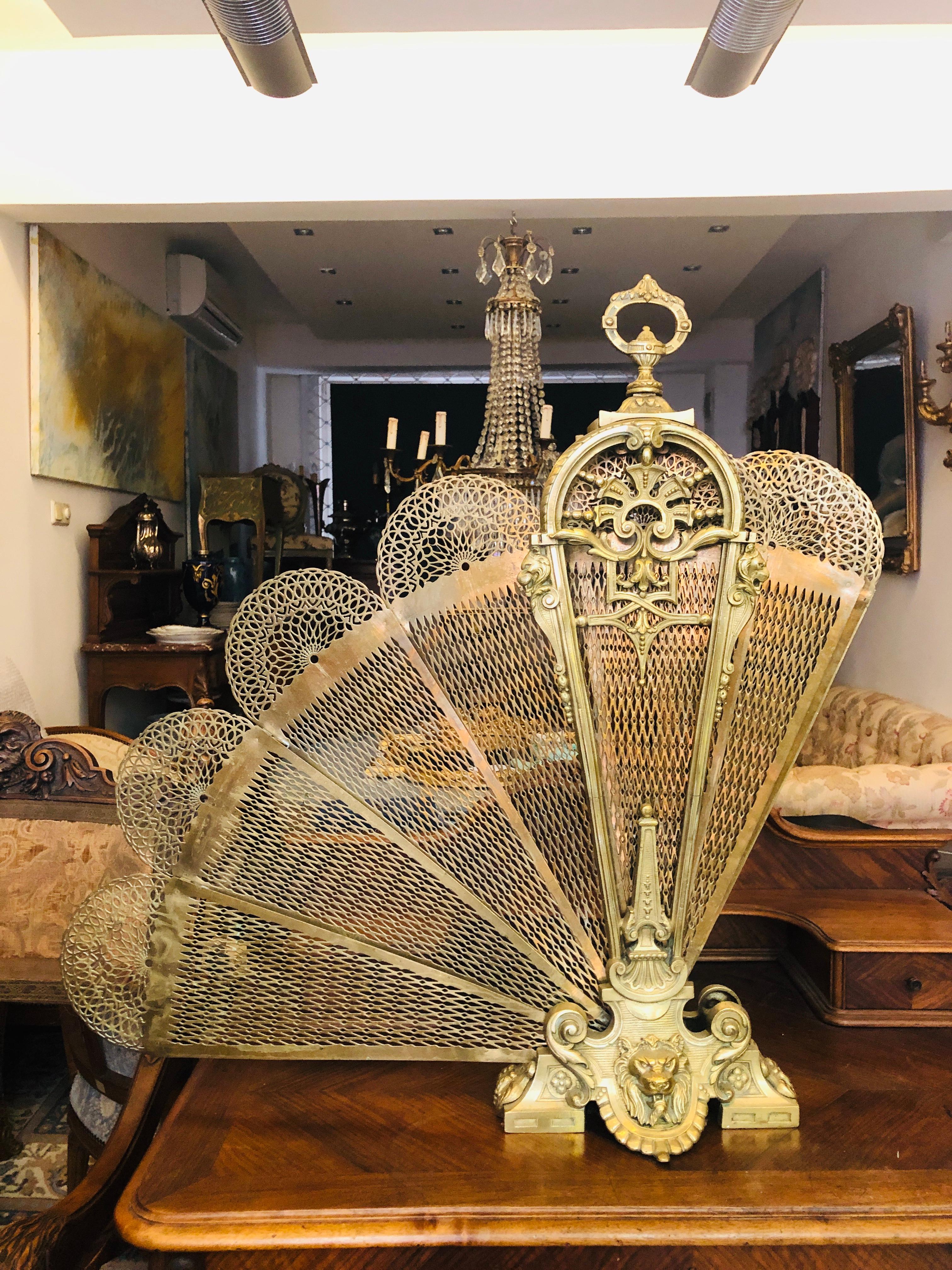 Late 19th Century Bronze Doré and Brass Peacock Fan Style Fireplace Screen 2