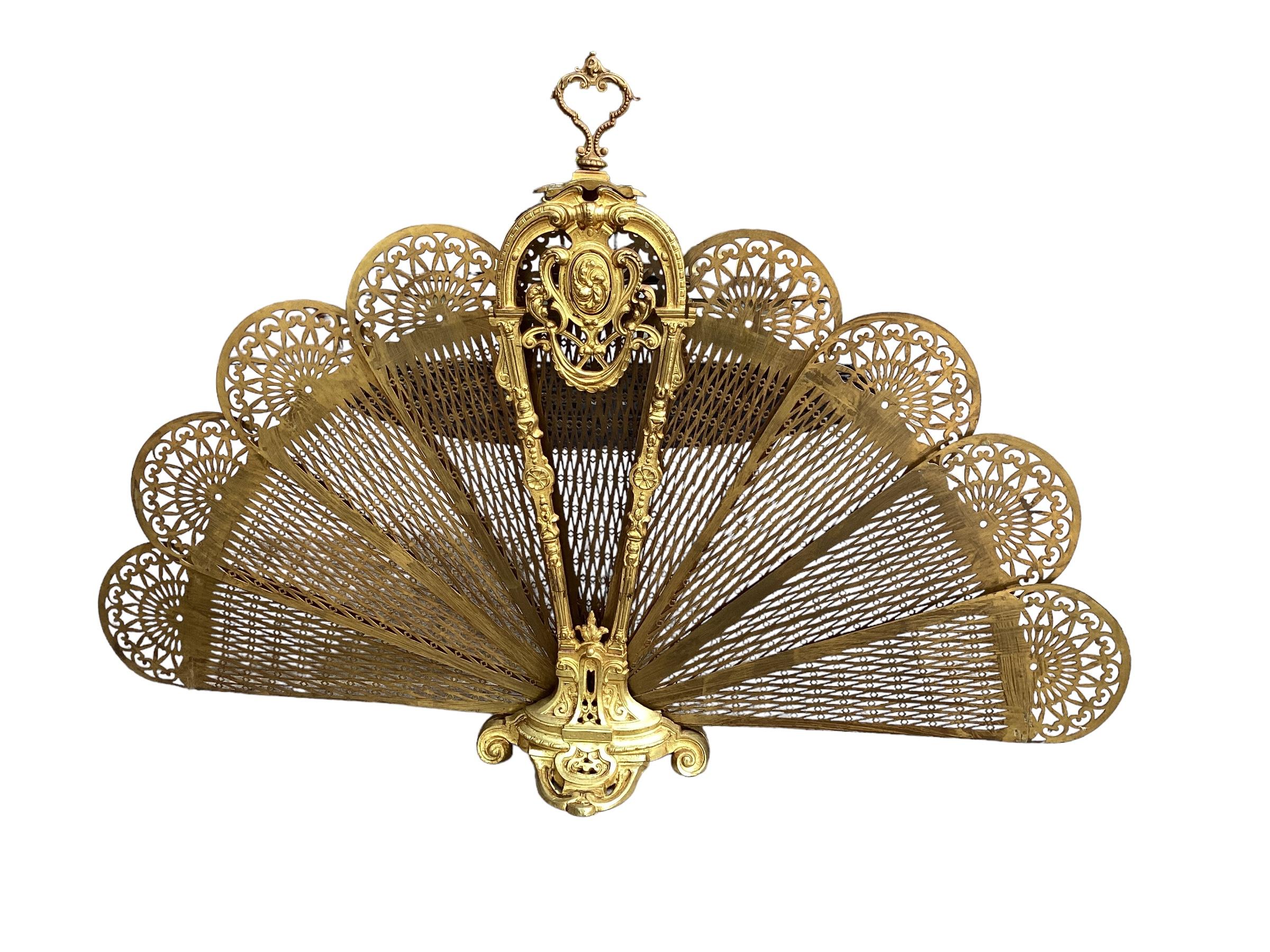 Late 19th Century Bronze Doré and Brass Peacock Fan Style Fireplace Screen 4