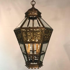 Victorian Bronze Hanging Lantern, Beveled Glass, United States, 1880