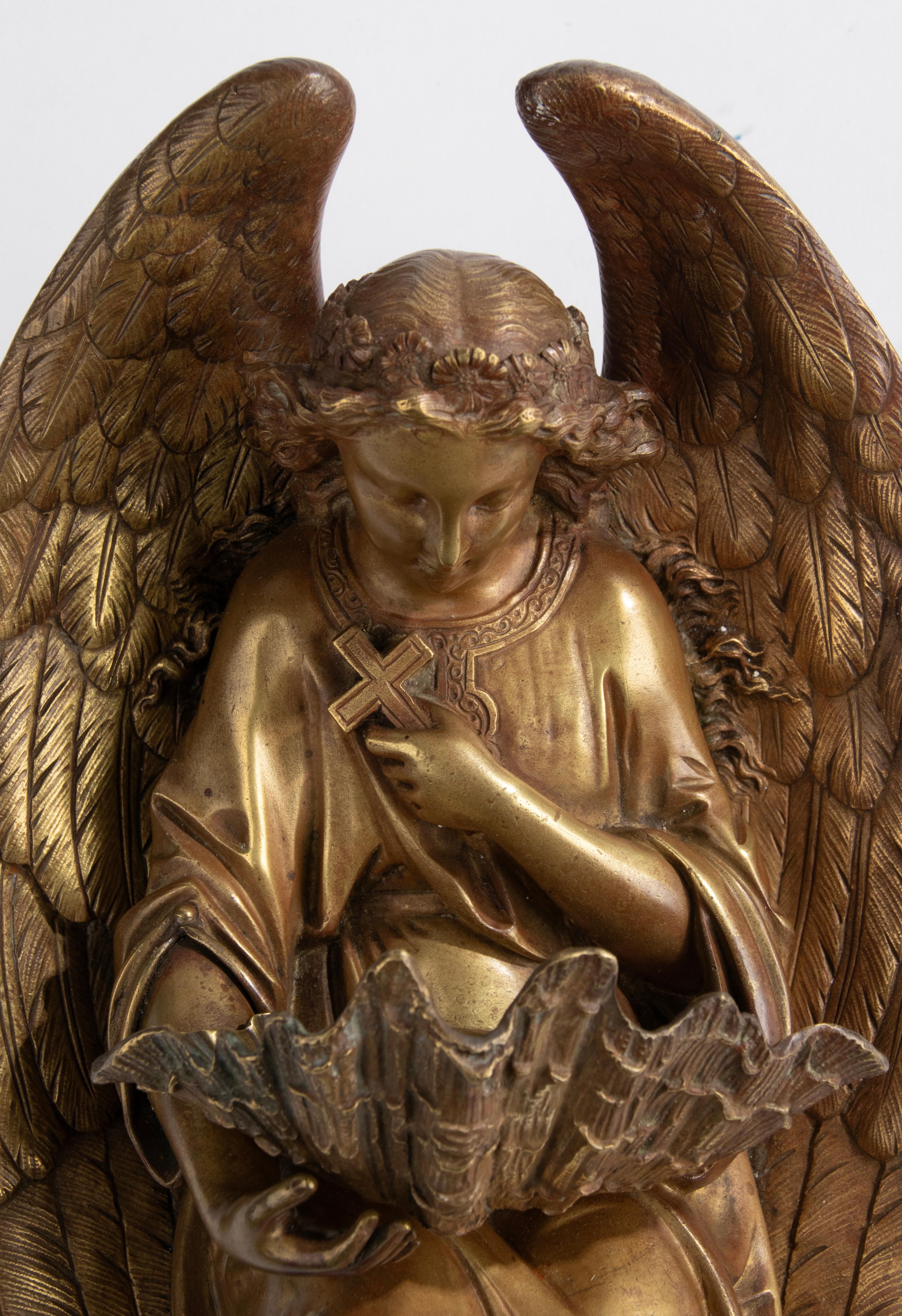 A fine quality antique holy water font for on a wall, made of casted and chiseled bronze. Depicting an angel with a shell as a holy water font.
Signed at the backside of the lid, Leblanc Frères. Made in France, 1895-1915

Leblanc Frères was