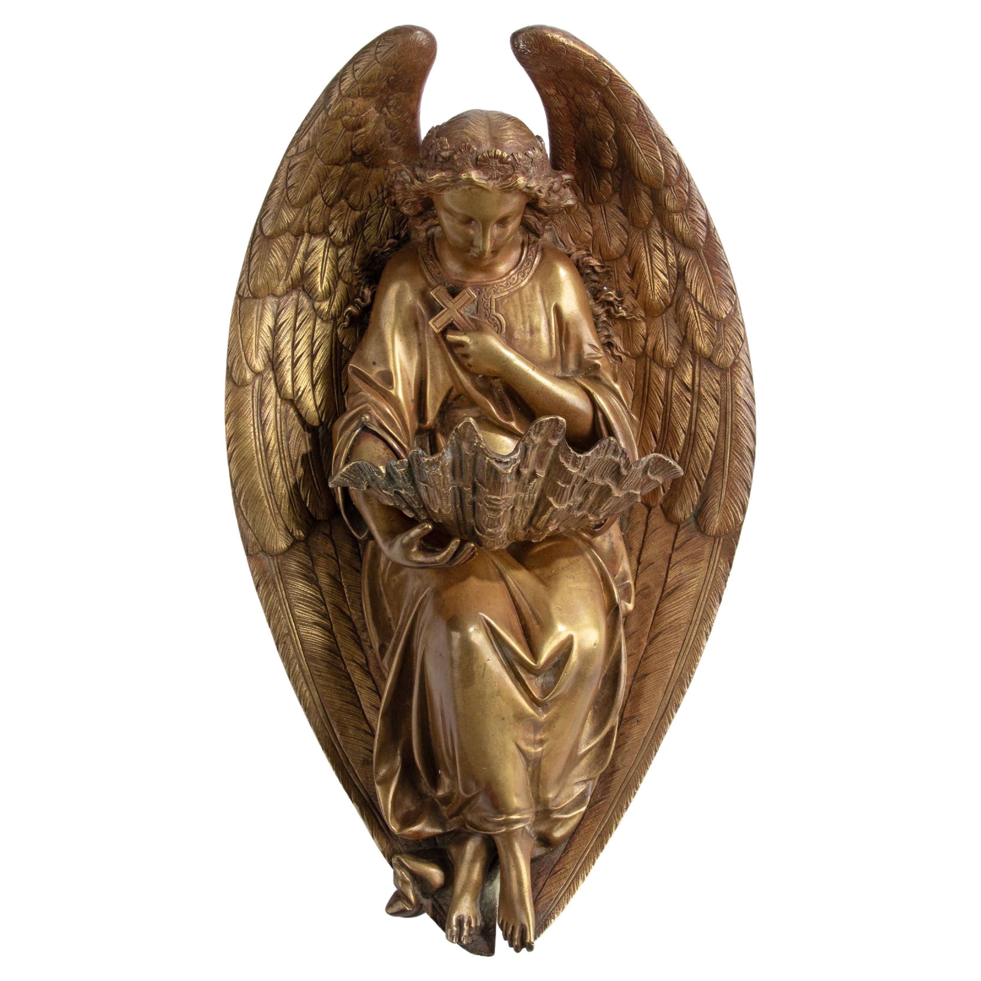 Fonts baptismaux en bronze de la fin du XIXe siècle avec ange par Leblanc-Barbedienne