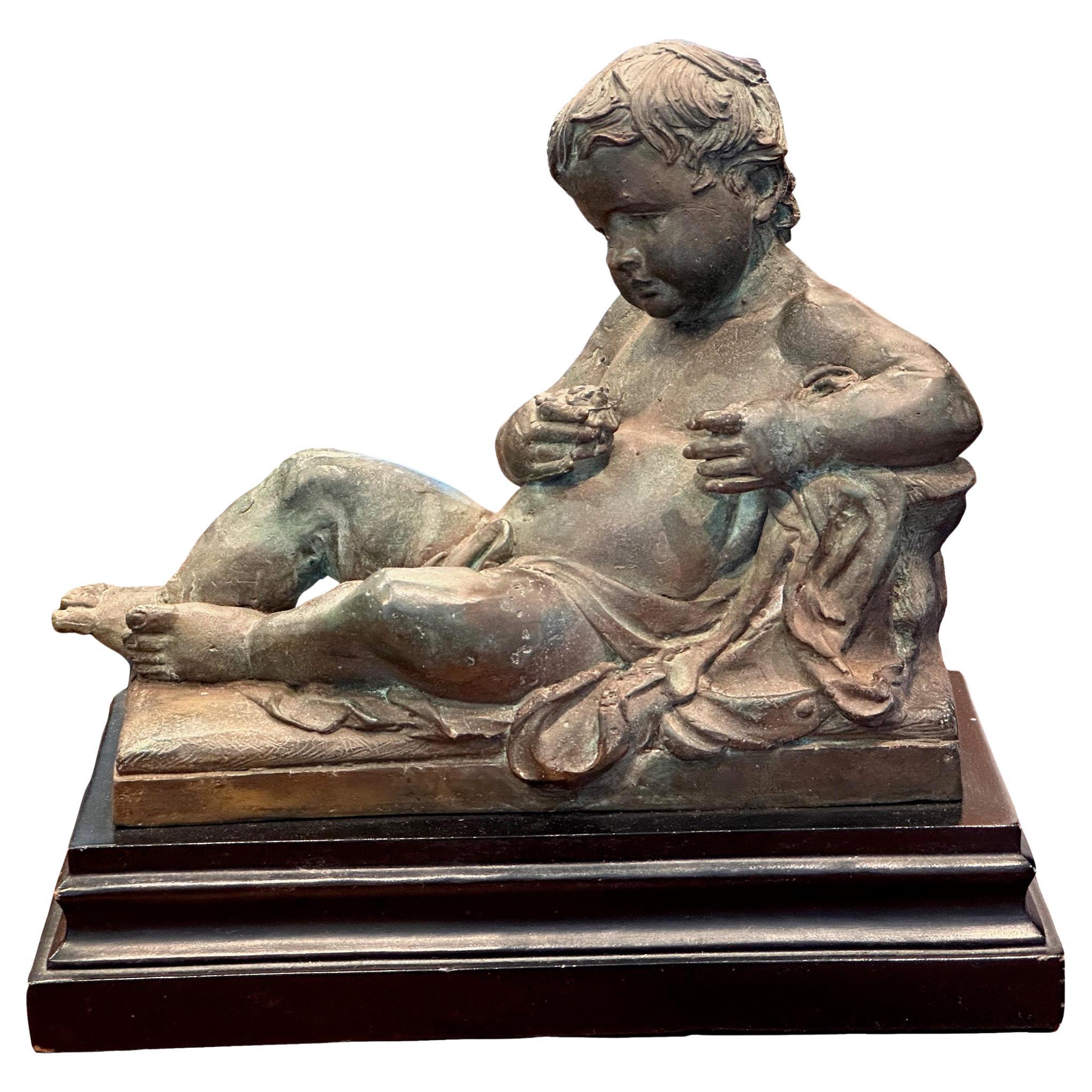 Sculpture Putti en bronze sur socle de la fin du 19e siècle