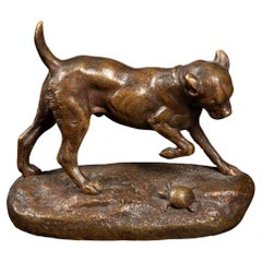 Vintage Late 19th Century Bronze Sculpture: Dog and Turtle Play by Clovis Edmond Masson