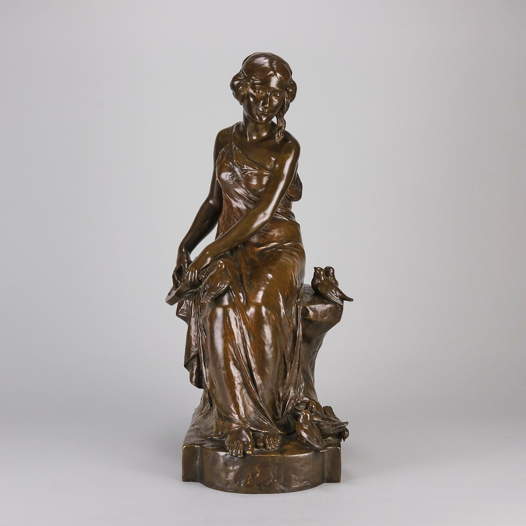 Art Nouveau Scultura in bronzo della fine del XIX secolo intitolata Femme avec Oiseau di Maurice Bouval in vendita