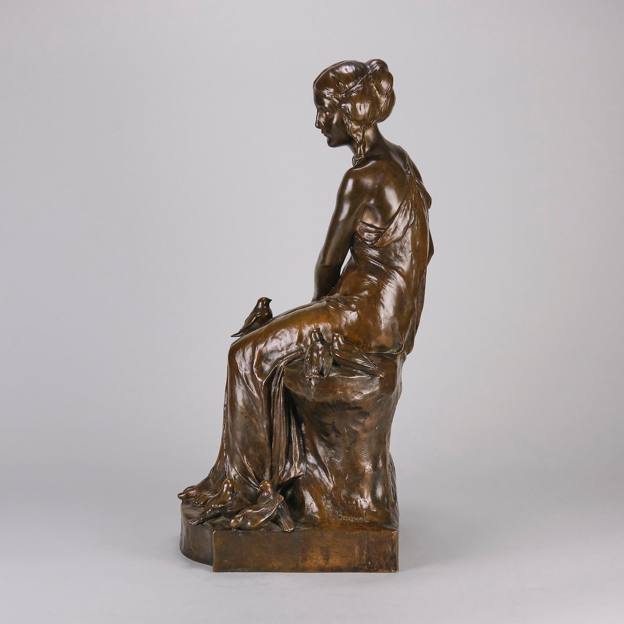 Scultura in bronzo della fine del XIX secolo intitolata Femme avec Oiseau di Maurice Bouval in vendita 2