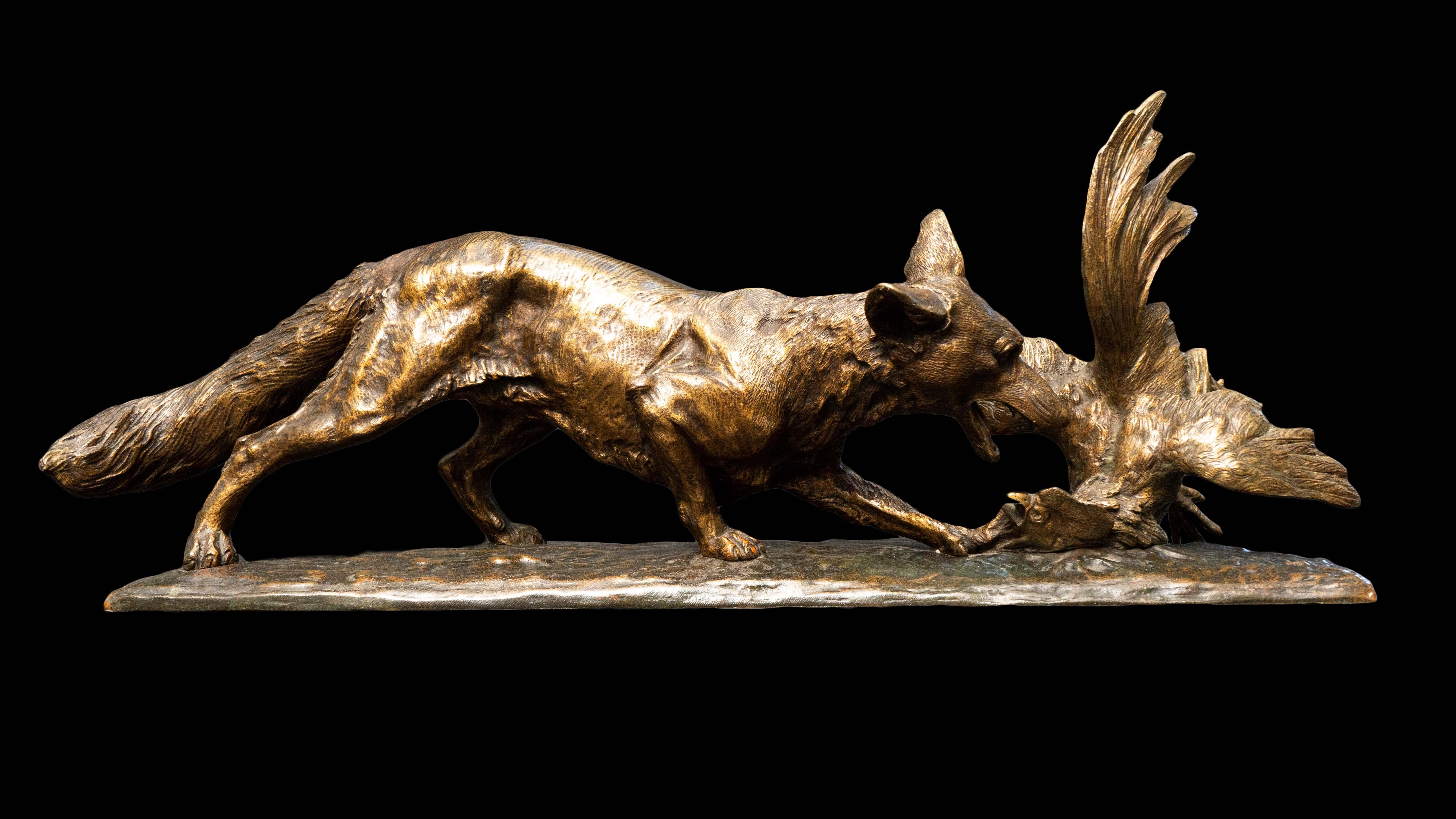 Late 19th century bronze sculpture of a fox and chicken by Edward Drouot (1859-1945):

Édouard Drouot was a French artist best known for his marble and bronze sculptures of mythological and allegorical scenes. At times creating animalier and
