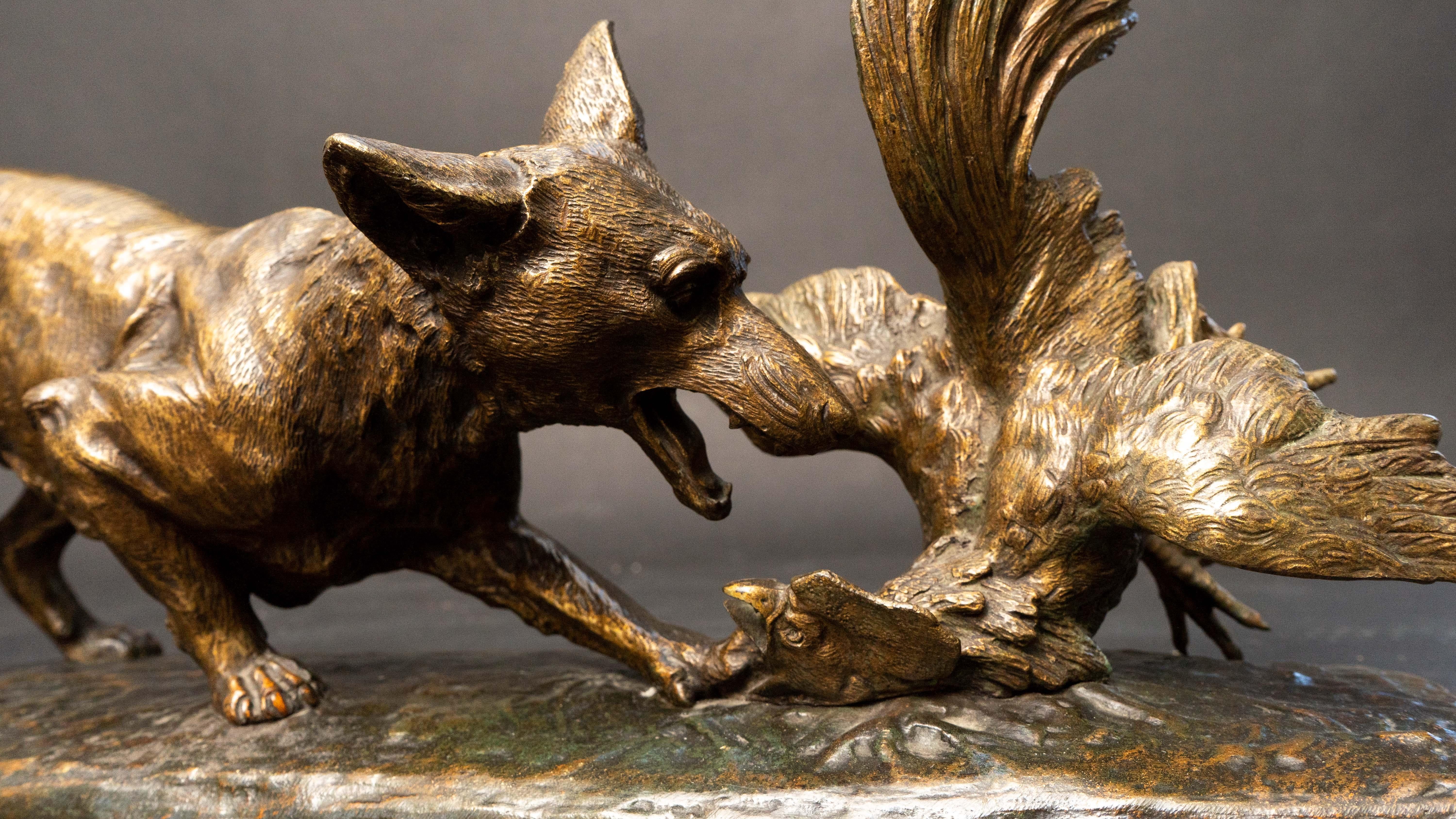 French Late 19th Century Bronze Sculpture of a Fox and Chicken by Edward Drouot