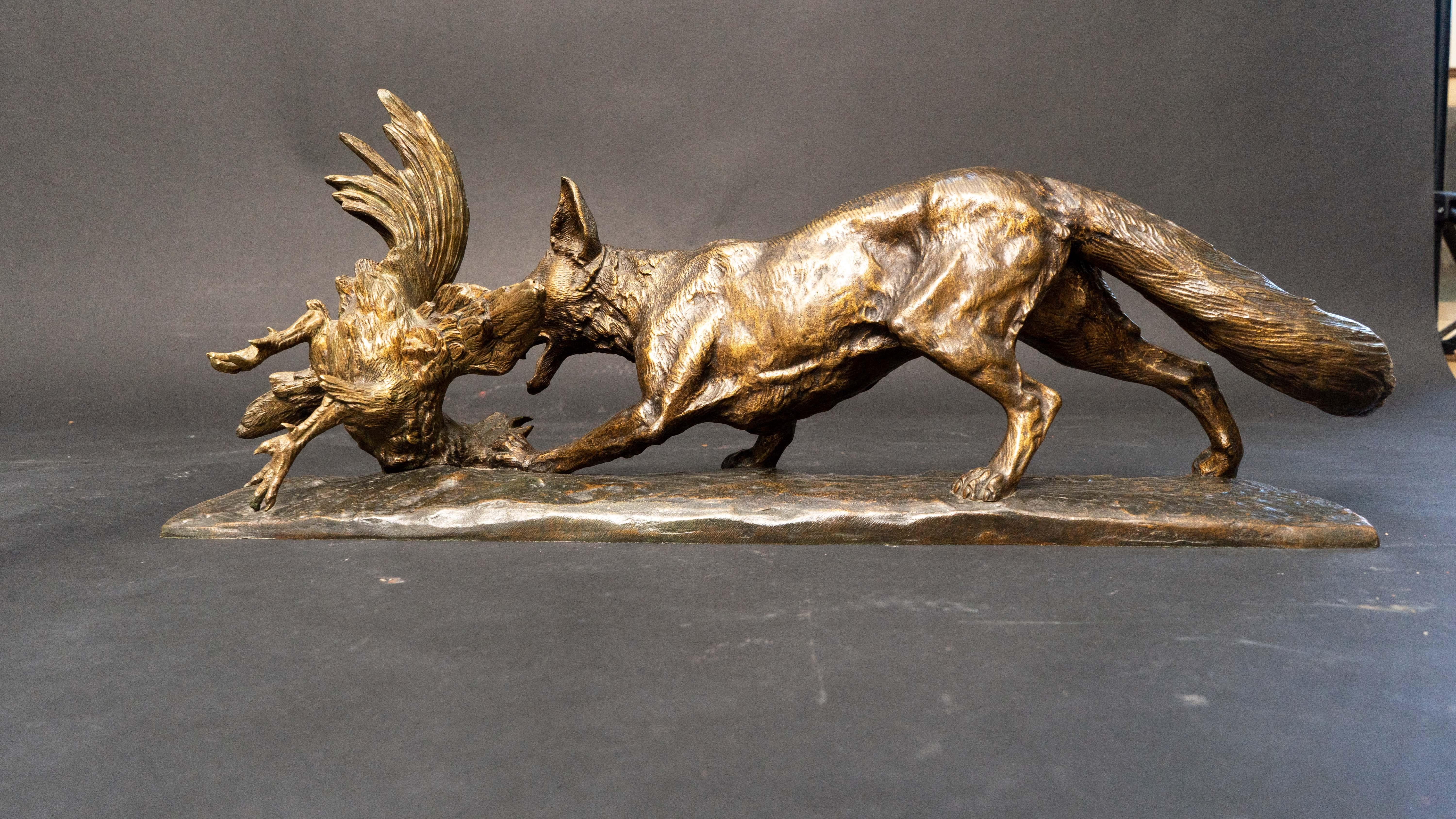 Late 19th Century Bronze Sculpture of a Fox and Chicken by Edward Drouot 1