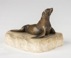 Late 19th Century Bronze Sculpture of a Sea Lion on a Alabaster Base