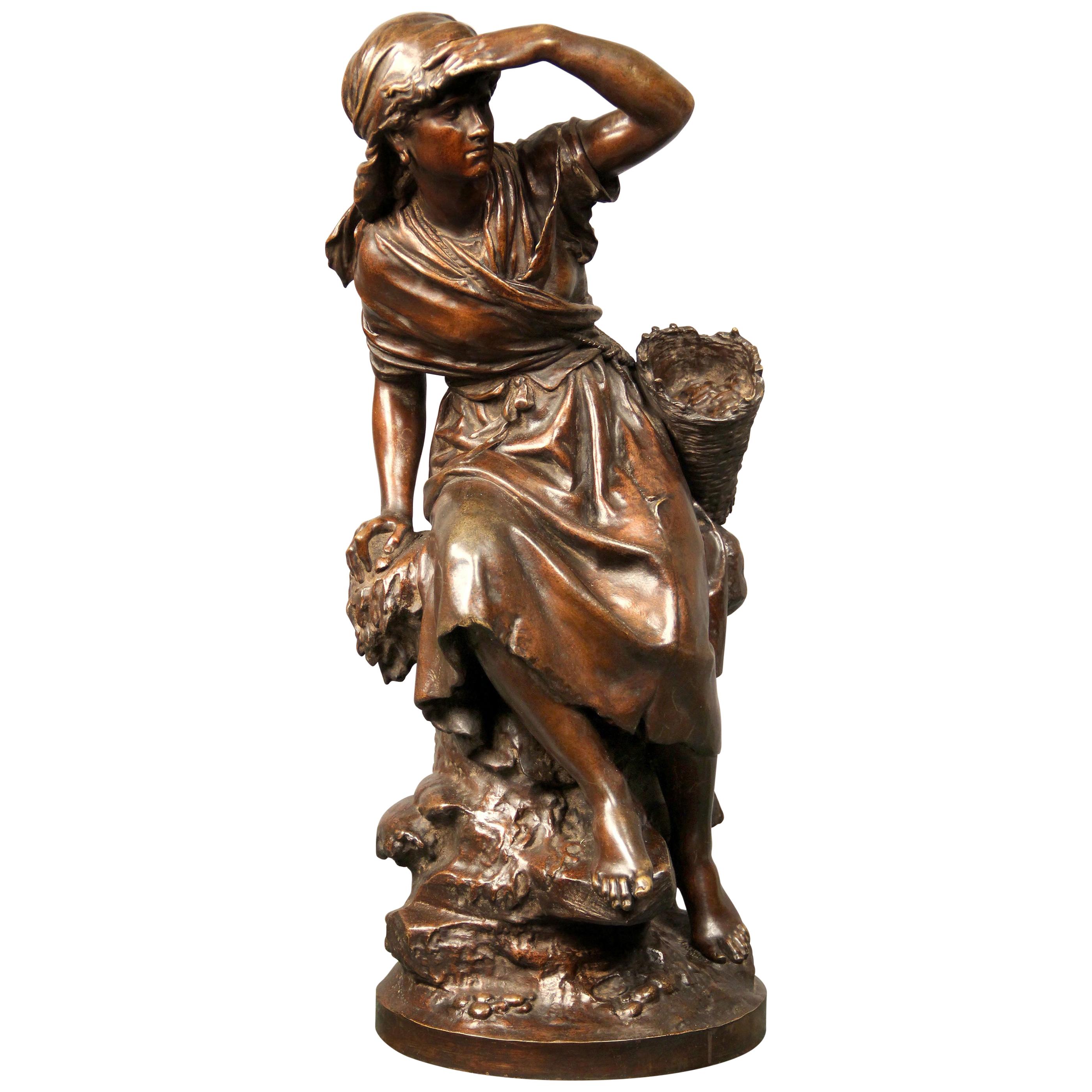 Bronze-Skulptur einer blickenden Frau aus dem späten 19. Jahrhundert von Mathurin Moreau