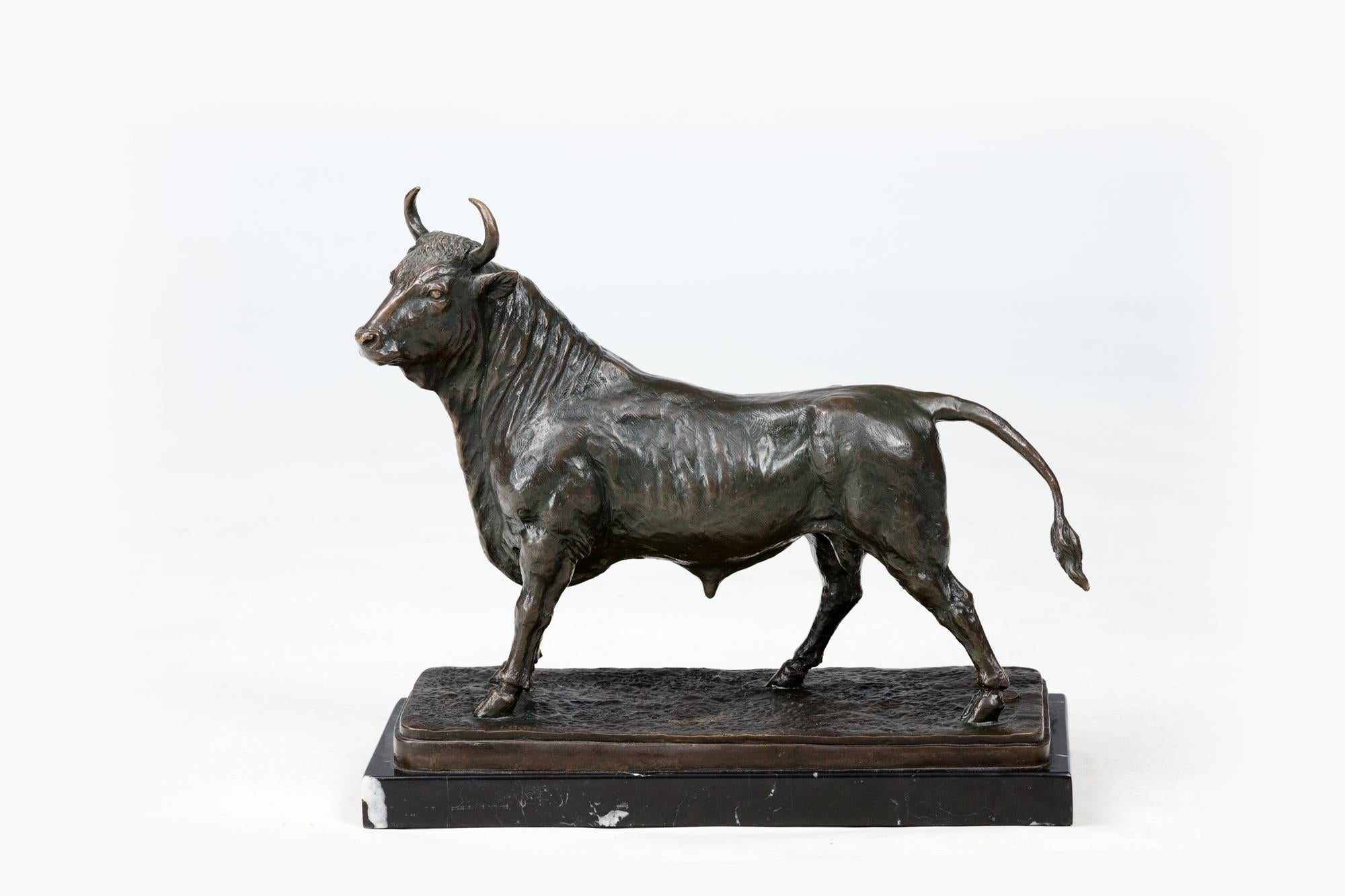 Late 19th Century Bronze Sculpture of a Bull by the French sculptor, Isidore Jules Bonheur. Set on a naturalistic base and raised on a black marble plinth. Signed 'I. Bonheur' and featuring a 'J.B. Deposee Bronze Garanti Paris' stamp to base.