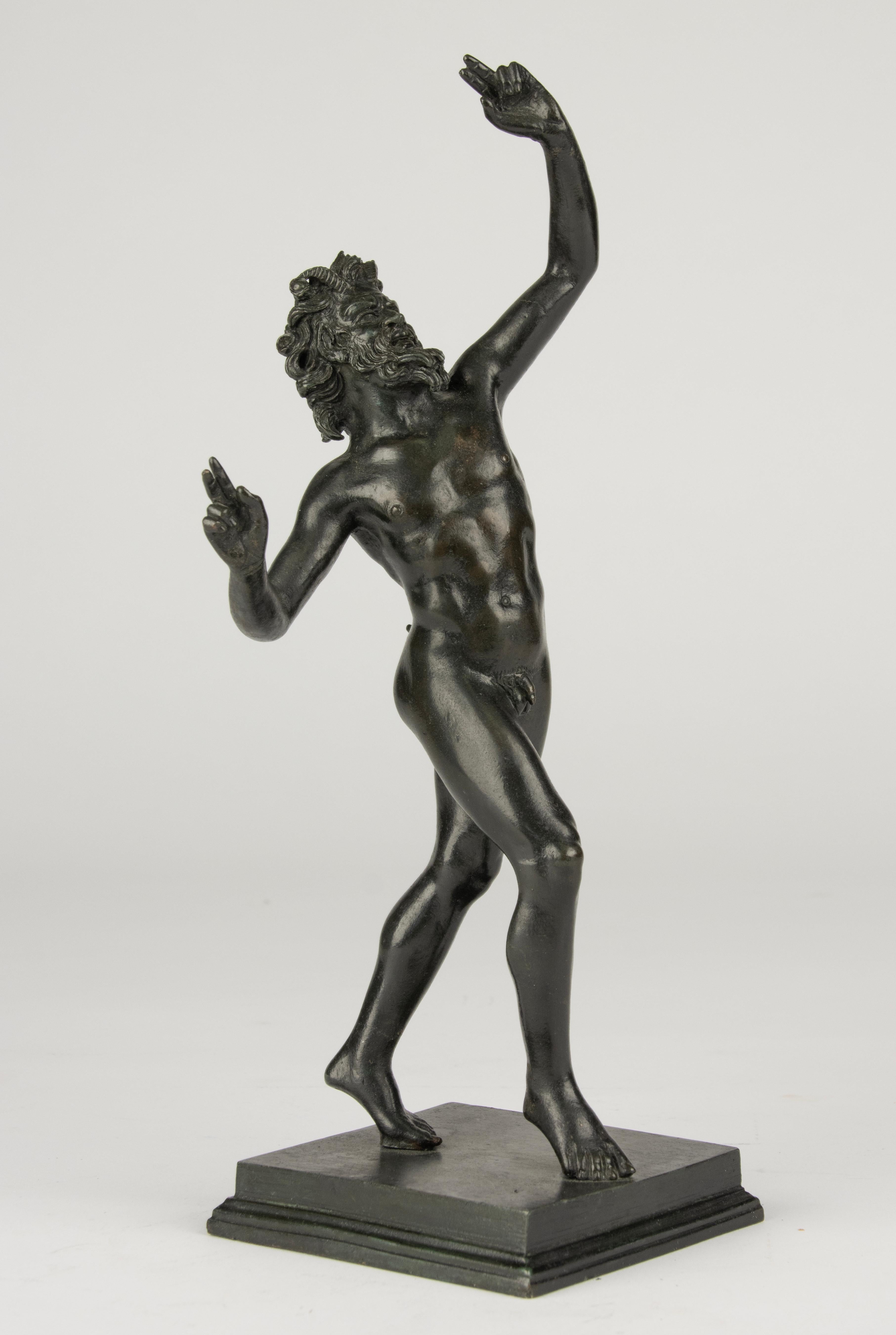 A beautiful antique bronze sculpture of a dancing Faun.
The statue was made at the end of the 19th century, after a famous statue from ancient Greek period, called 'The Dancing Faun from Pompeii' which was excavated at Pompeii in 1830. 
The