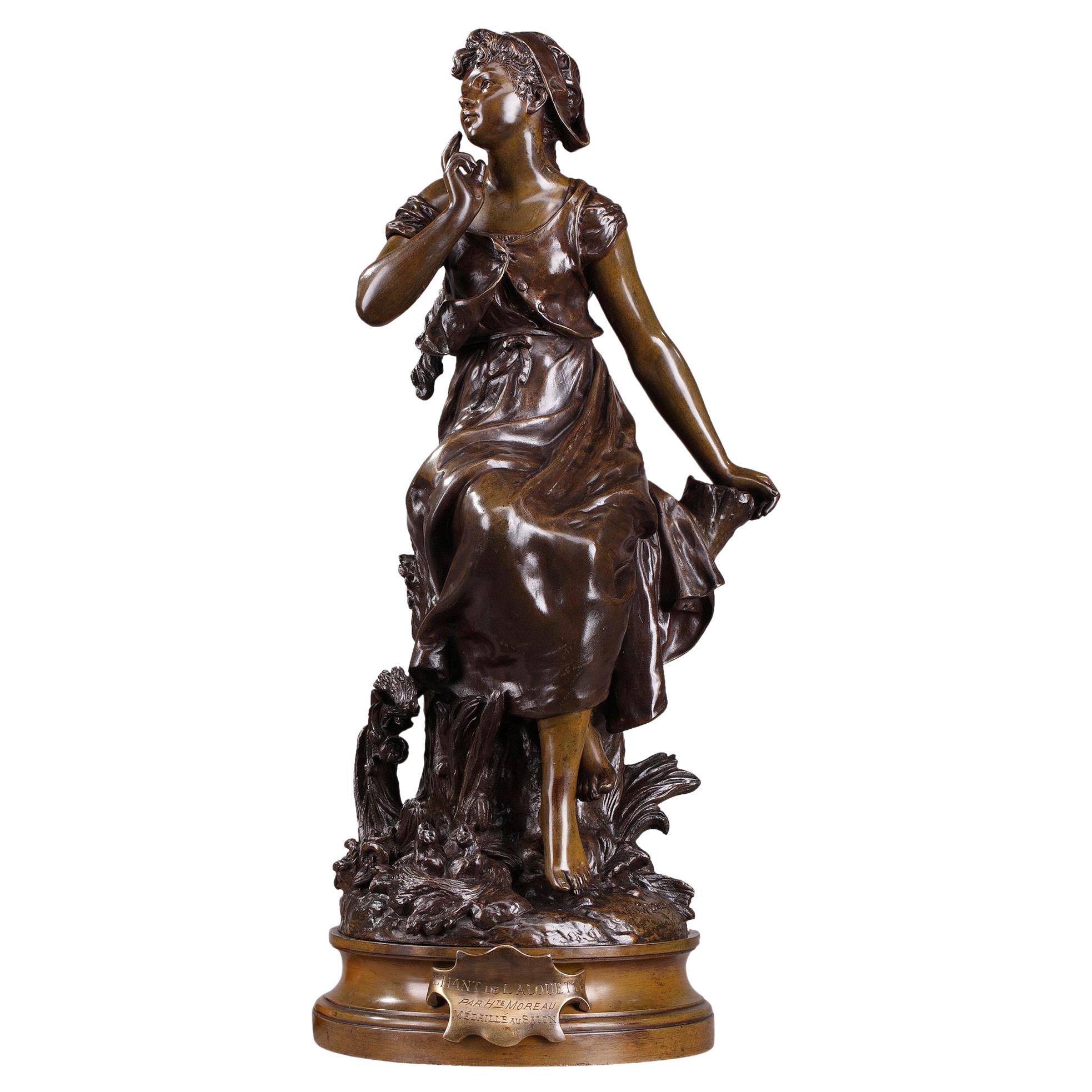 Statue en bronze de la fin du XIXe siècle:: Le chant de l'alouette par Hippolyte Moreau