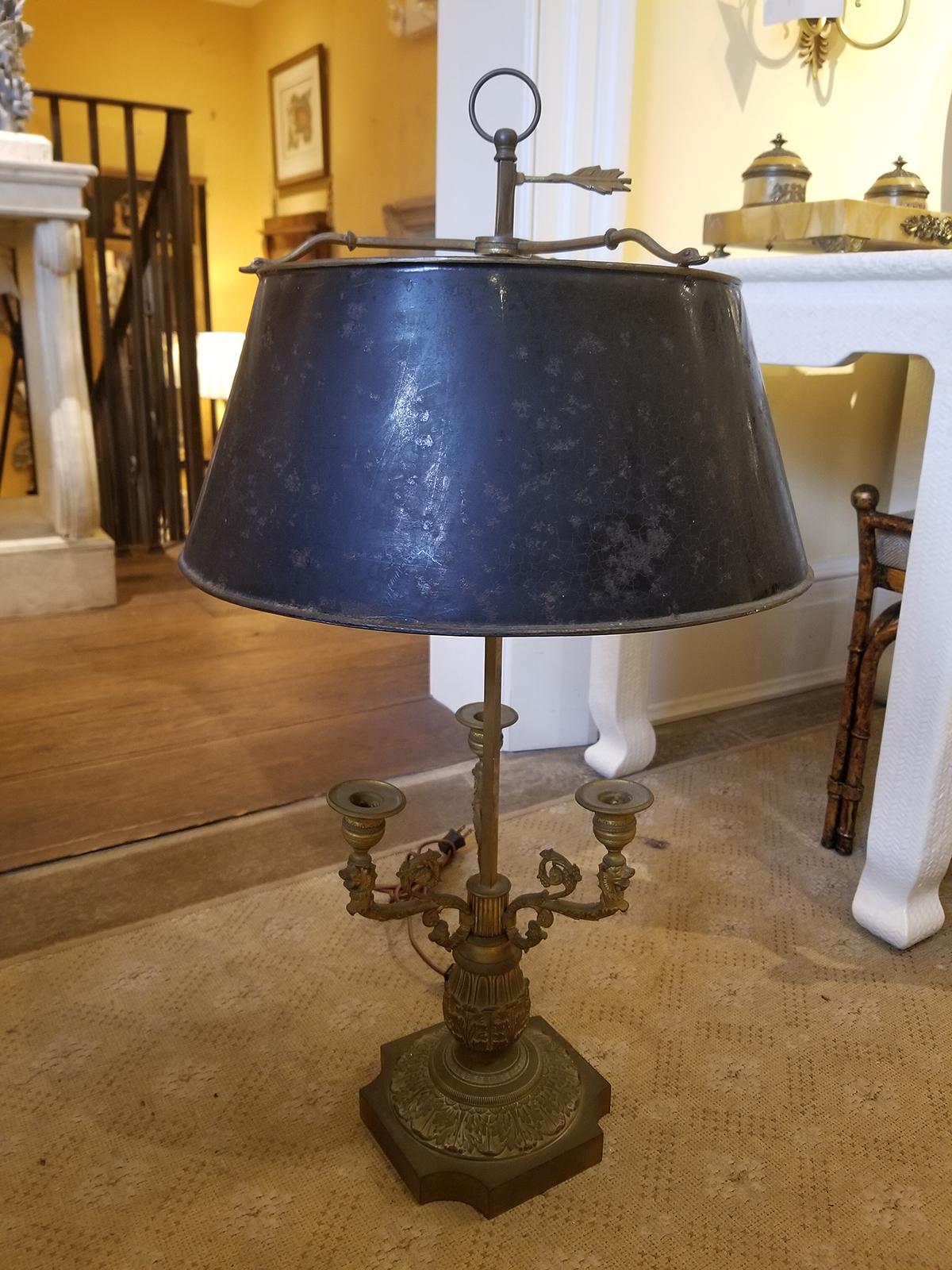 Late 19th century bronze three-arm Bouillotte desk lamp with black tole shade
new wiring.