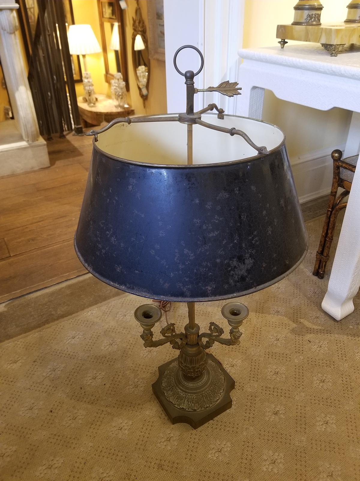 Late 19th Century Bronze Three-Arm Bouillotte Lamp with Black Tole Shade In Good Condition In Atlanta, GA