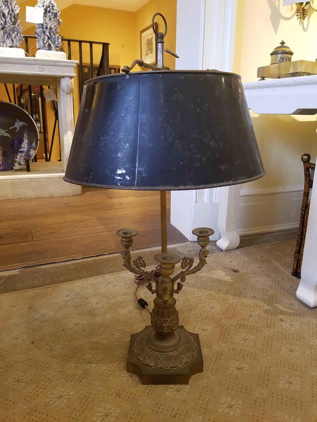 Late 19th Century Bronze Three-Arm Bouillotte Lamp with Black Tole Shade 5