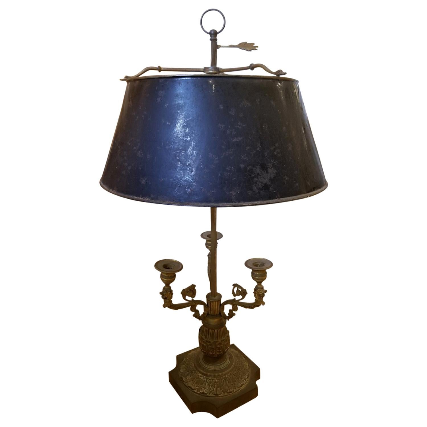Late 19th Century Bronze Three-Arm Bouillotte Lamp with Black Tole Shade