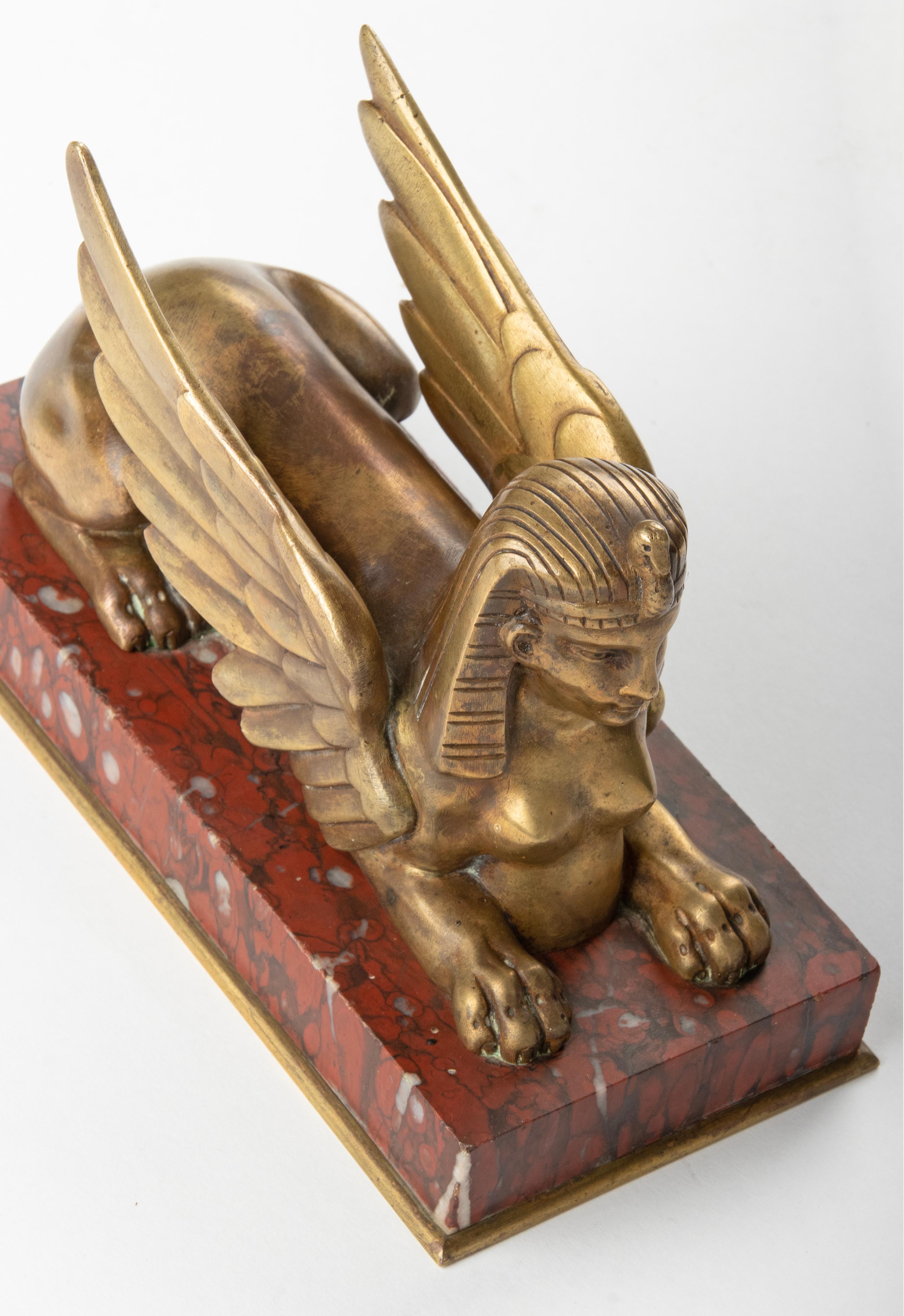 Late 19th Century Bronze Winged Sphinx Statuette Red Griotte Marble For Sale 2