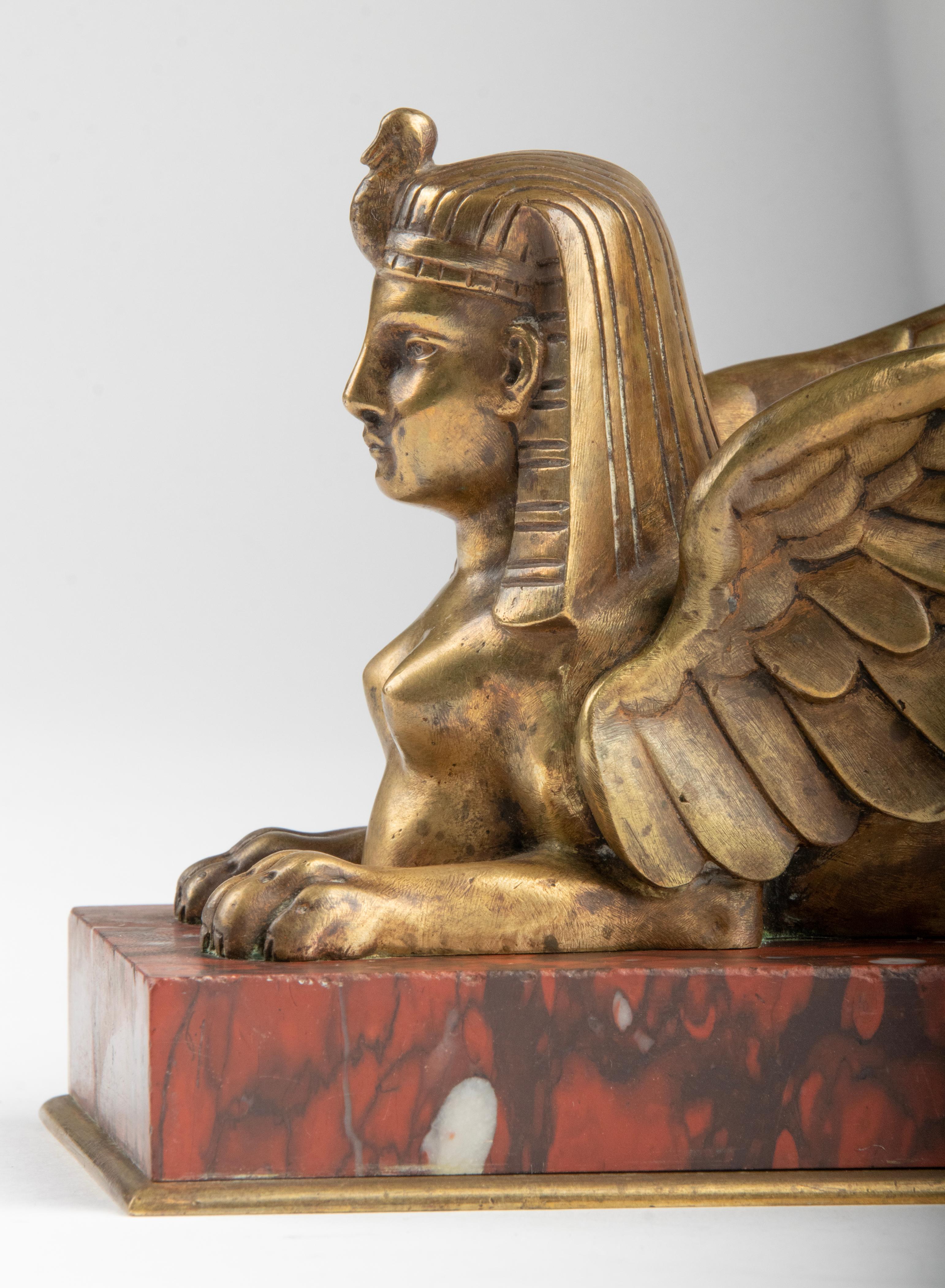 Late 19th Century Bronze Winged Sphinx Statuette Red Griotte Marble For Sale 3