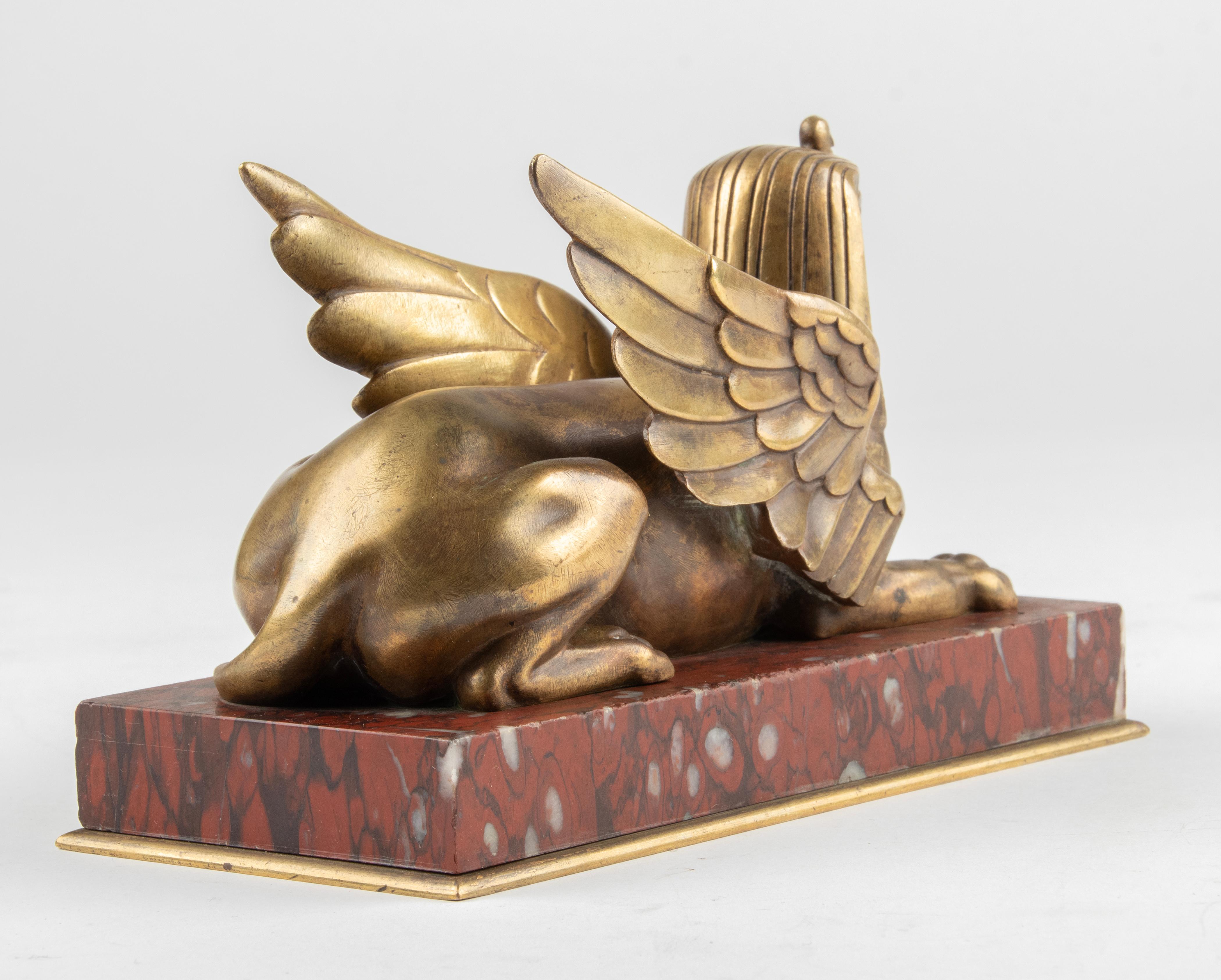 Late 19th Century Bronze Winged Sphinx Statuette Red Griotte Marble For Sale 5