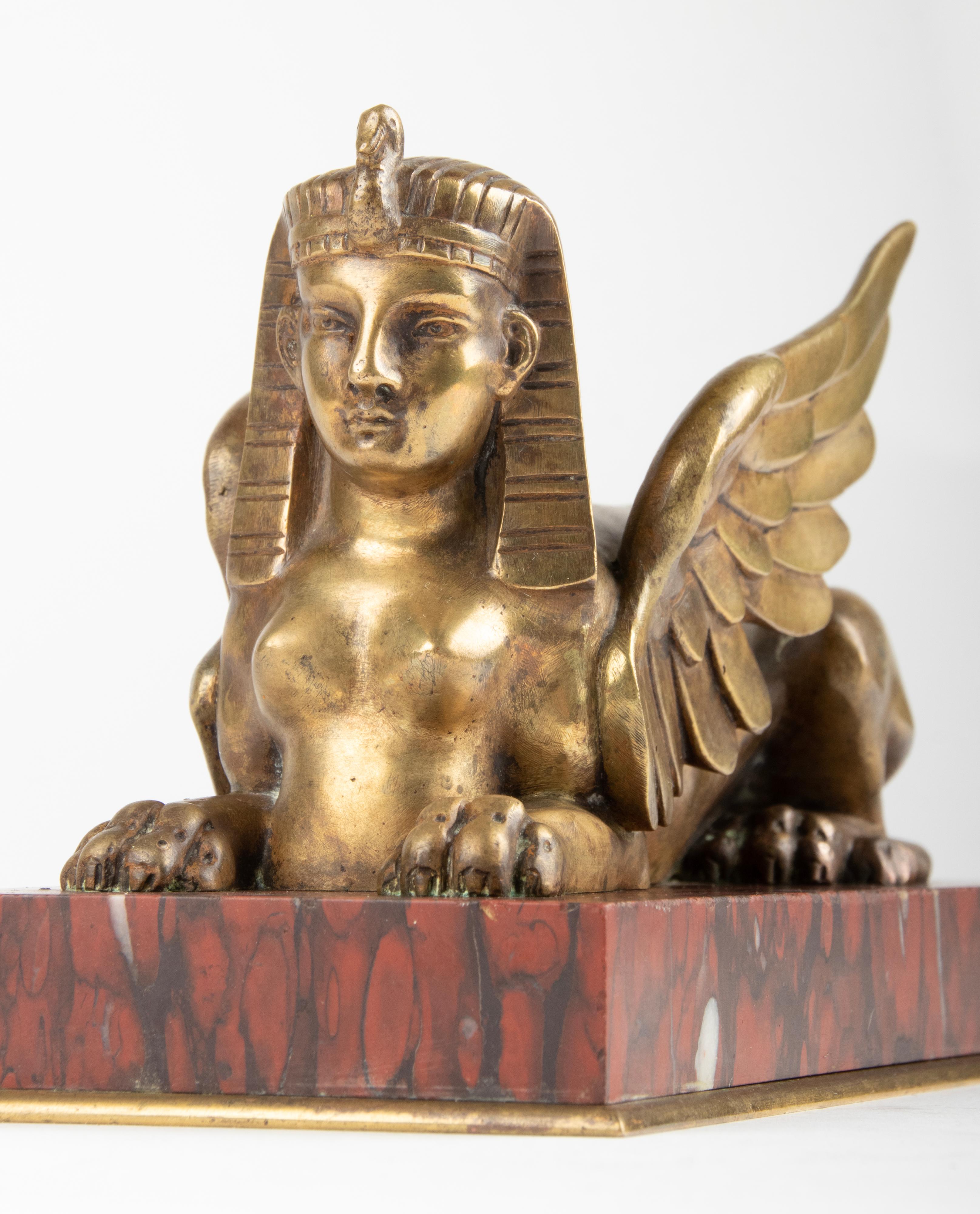 Late 19th Century Bronze Winged Sphinx Statuette Red Griotte Marble For Sale 6