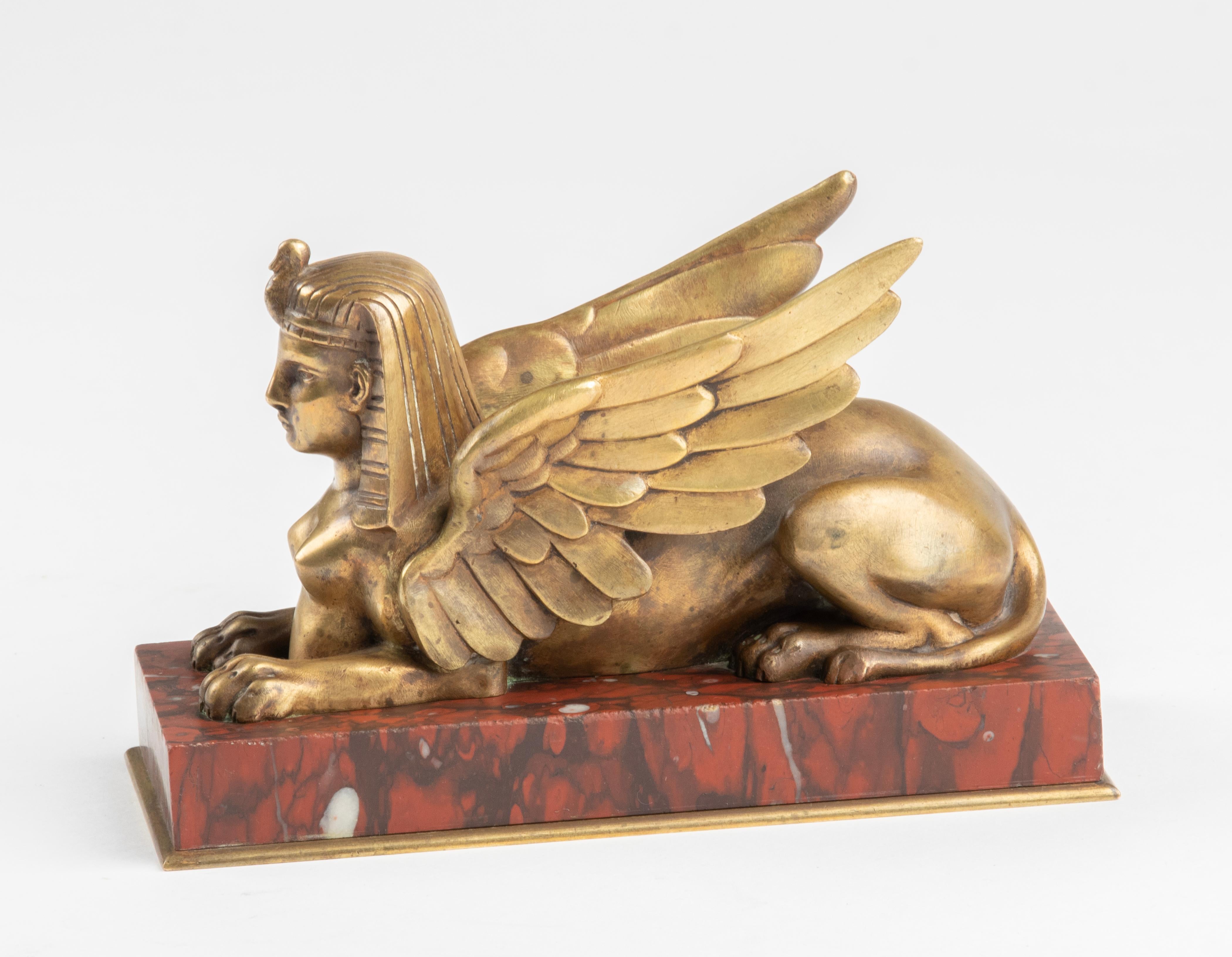 Late 19th Century Bronze Winged Sphinx Statuette Red Griotte Marble For Sale 7