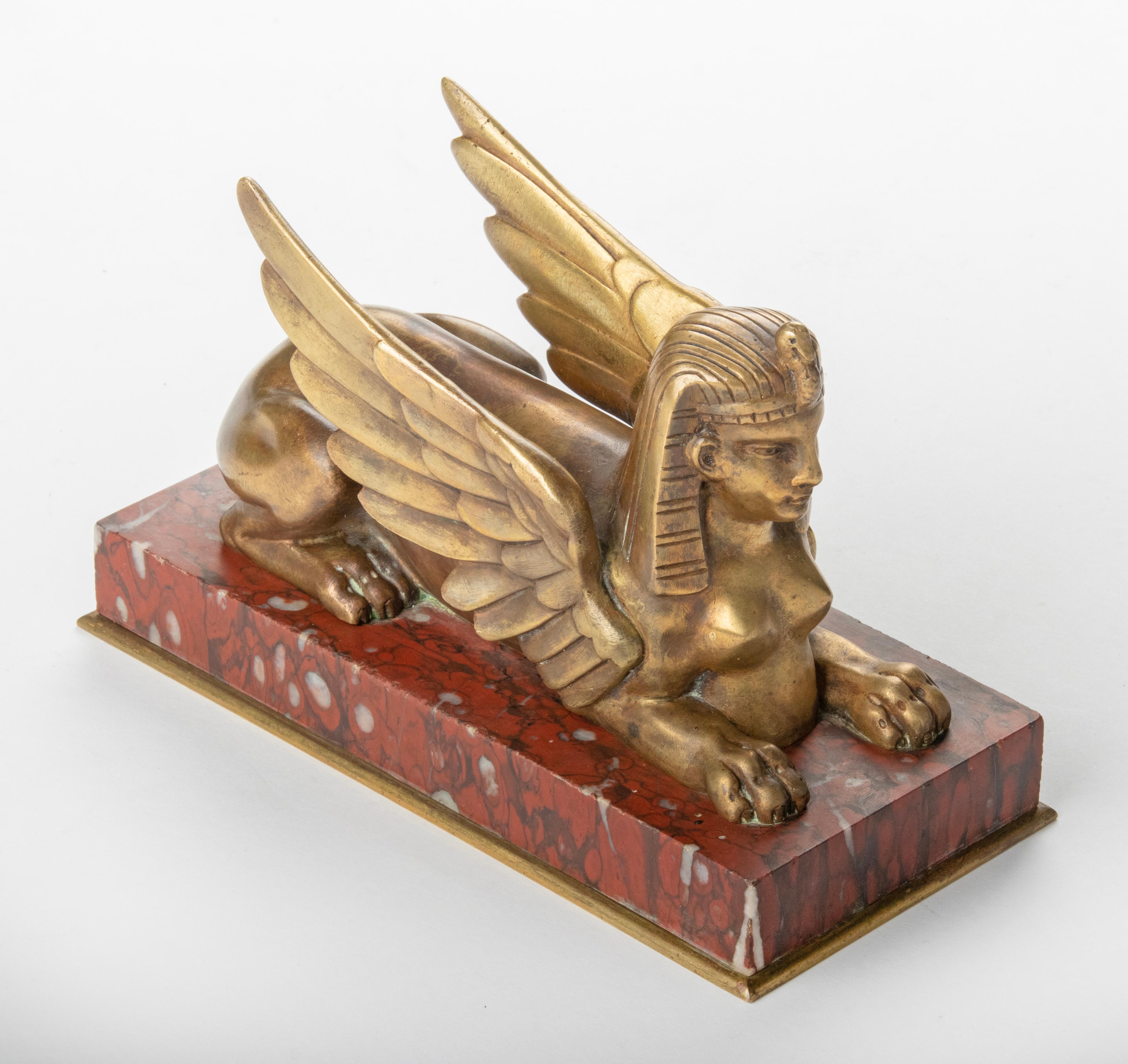 Late 19th Century Bronze Winged Sphinx Statuette Red Griotte Marble For Sale 8