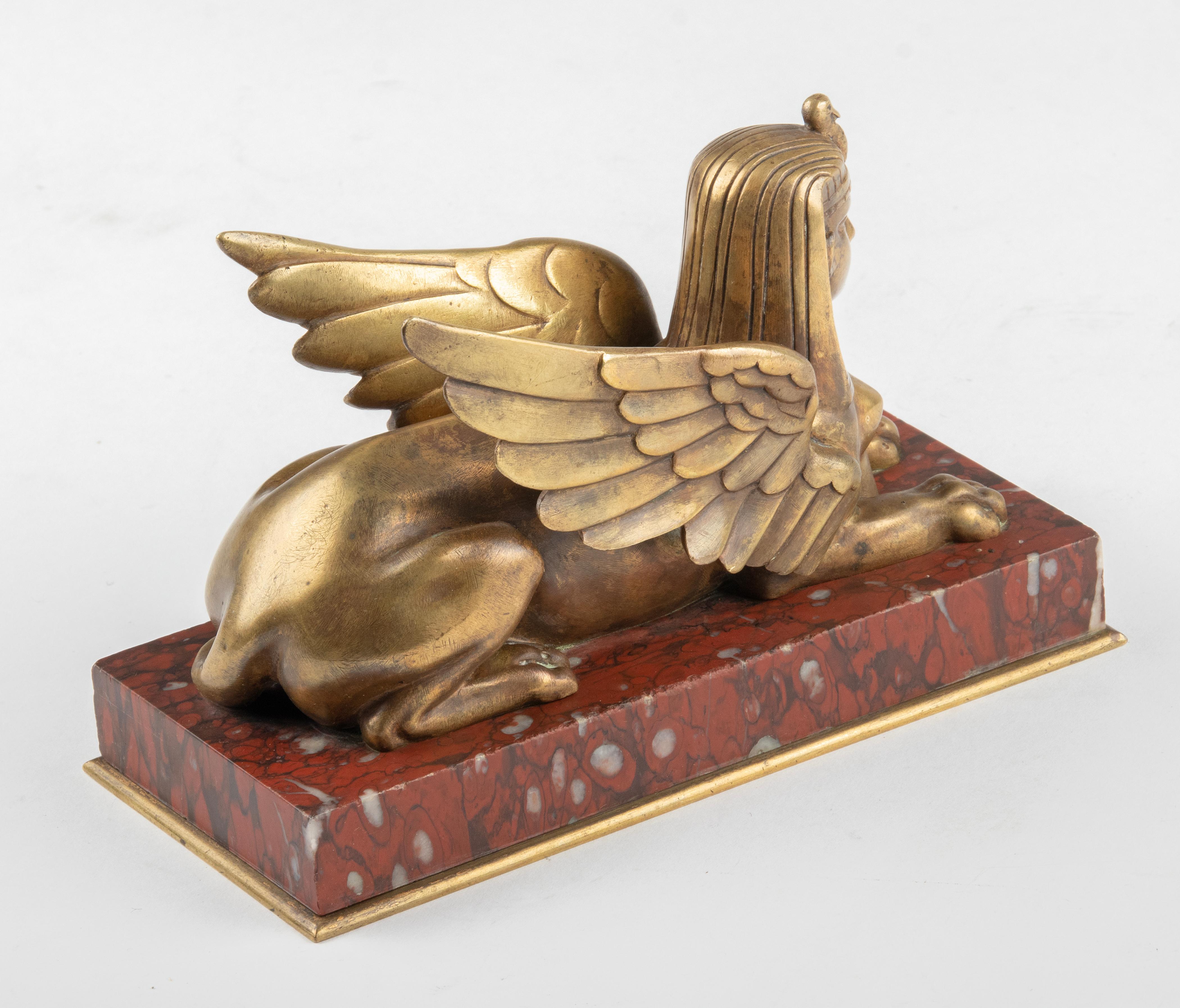 Late 19th Century Bronze Winged Sphinx Statuette Red Griotte Marble For Sale 9