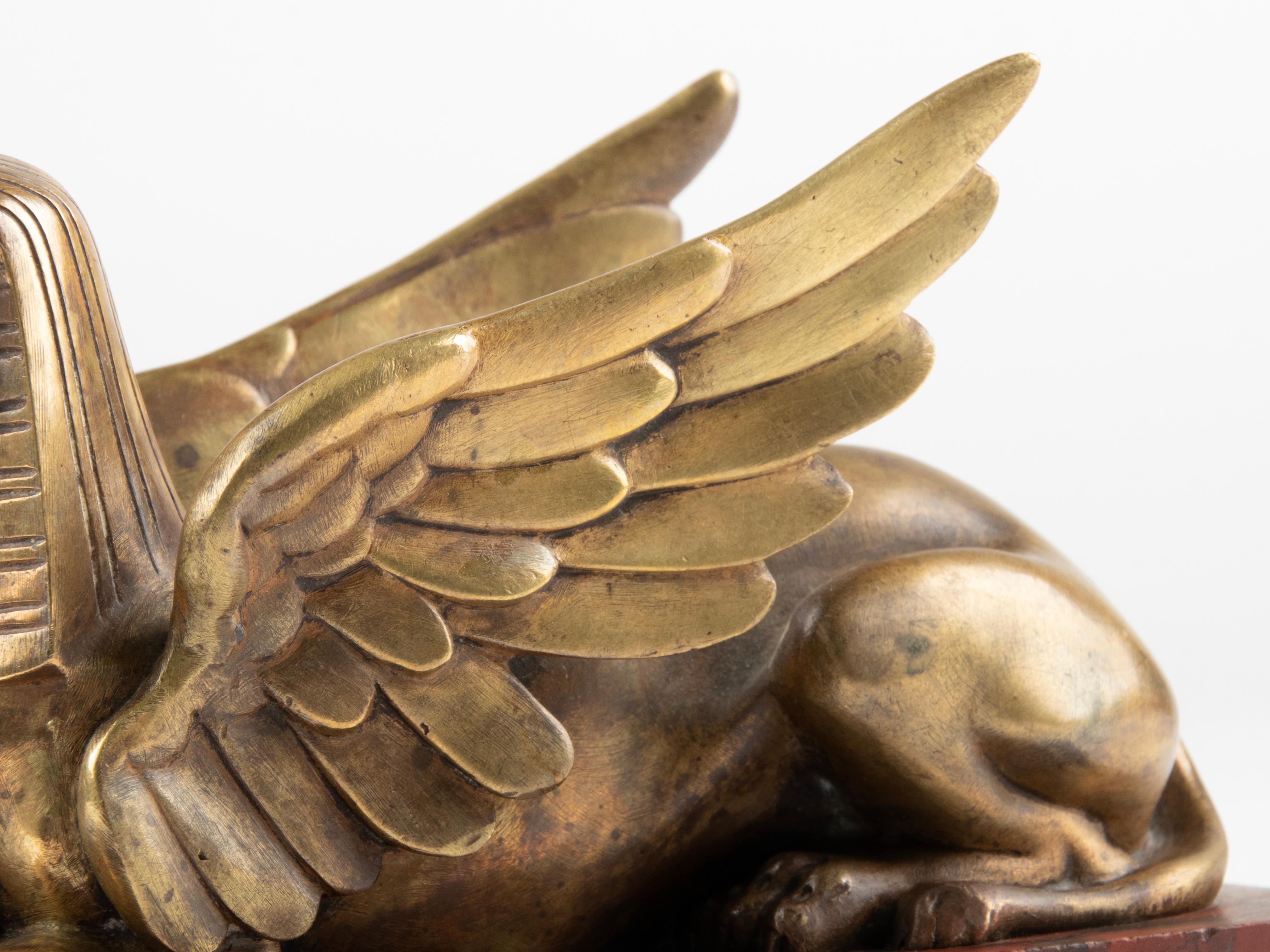 French Late 19th Century Bronze Winged Sphinx Statuette Red Griotte Marble For Sale