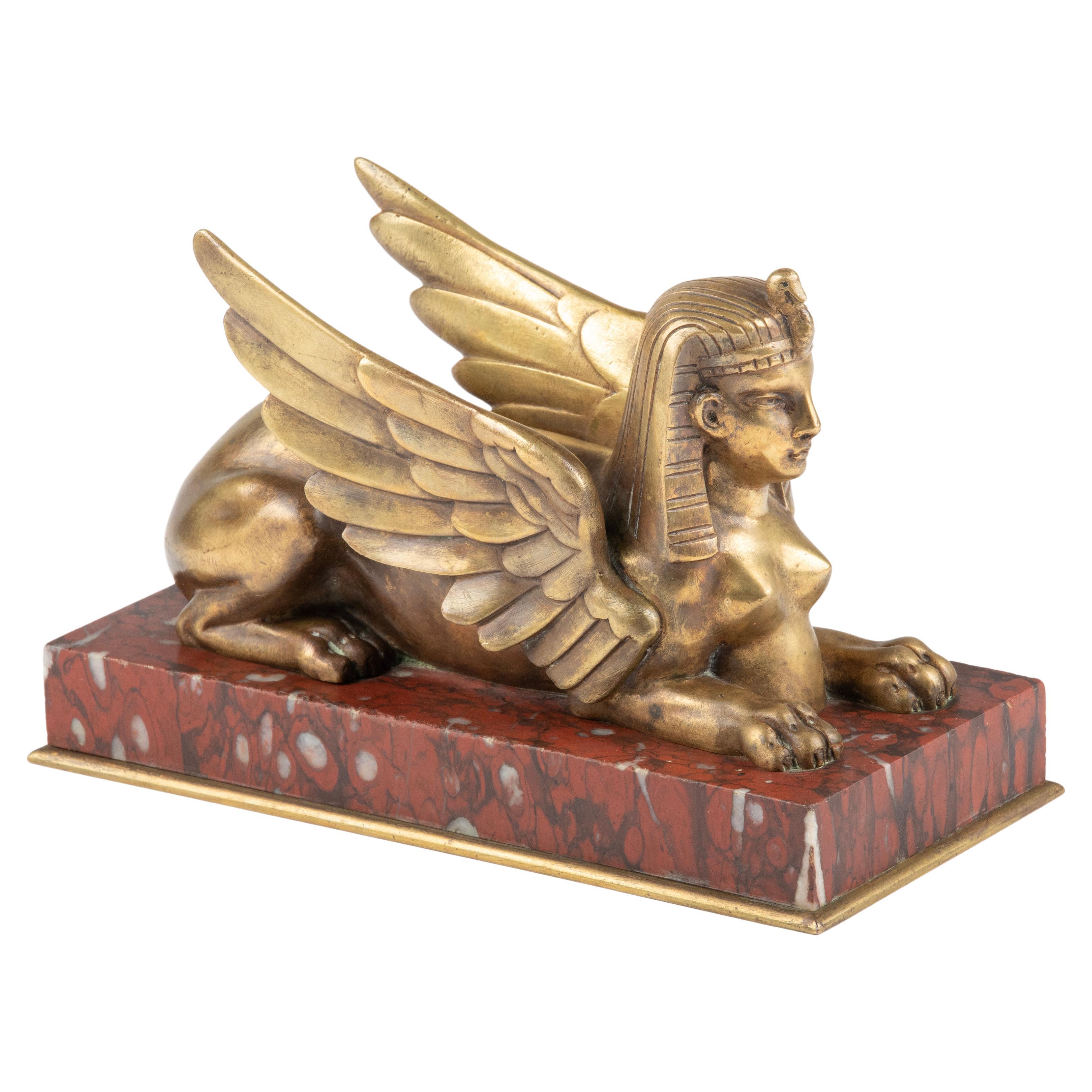 Late 19th Century Bronze Winged Sphinx Statuette Red Griotte Marble