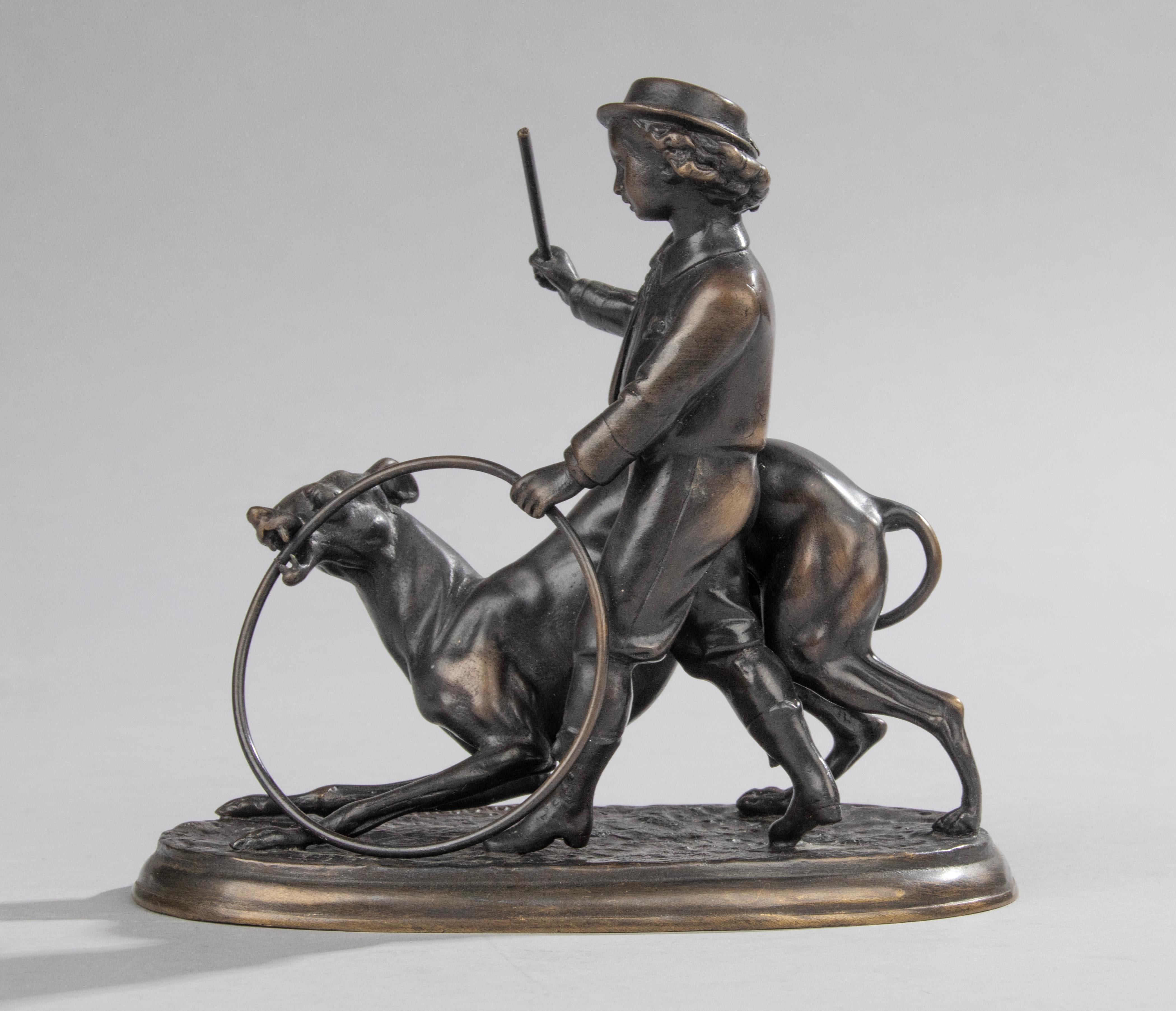 Belle Époque Late 19th Century Bronzen Sculpture  Boy Playing with Whippet by Jules Moigniez For Sale