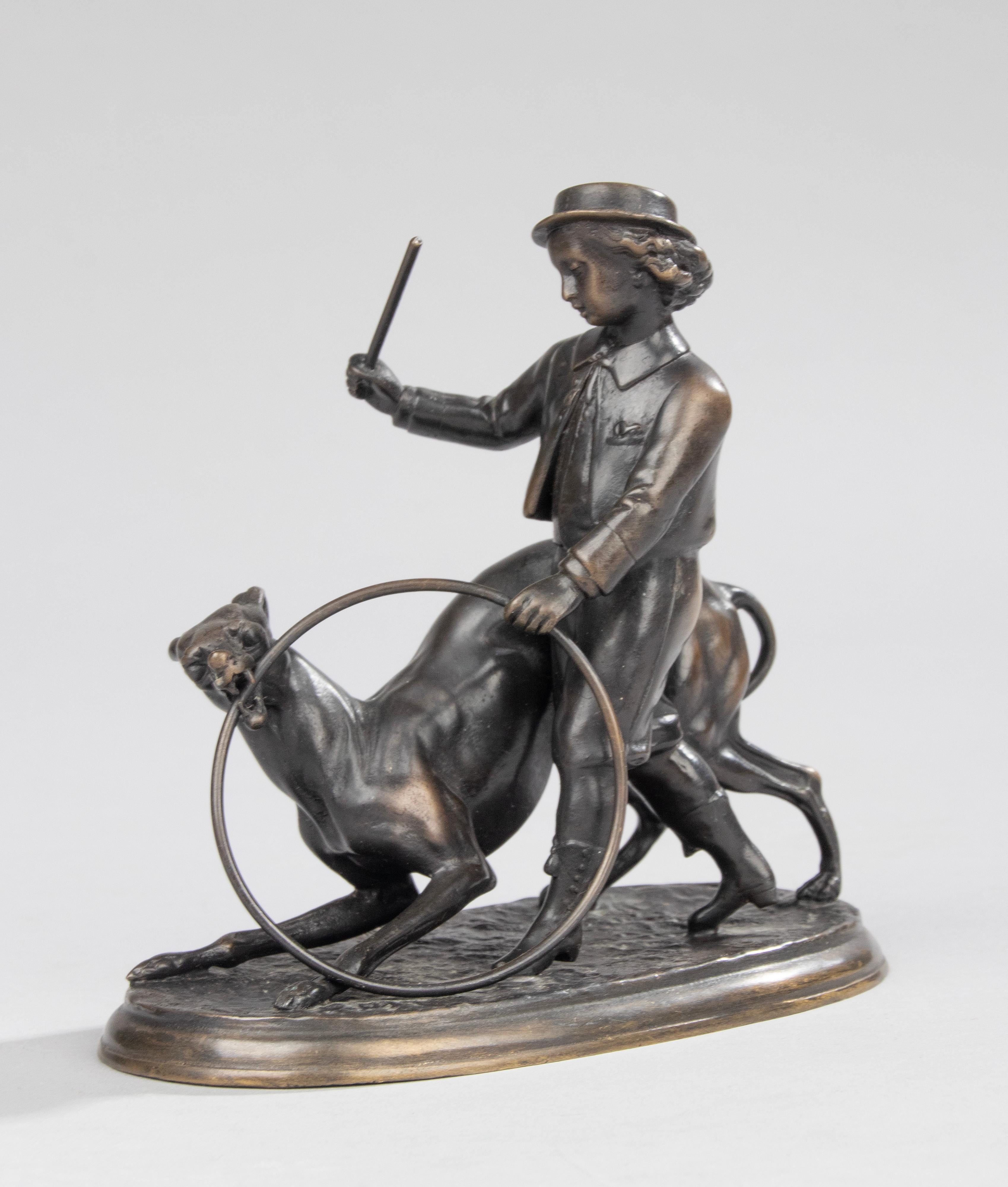 Cast Late 19th Century Bronzen Sculpture  Boy Playing with Whippet by Jules Moigniez For Sale