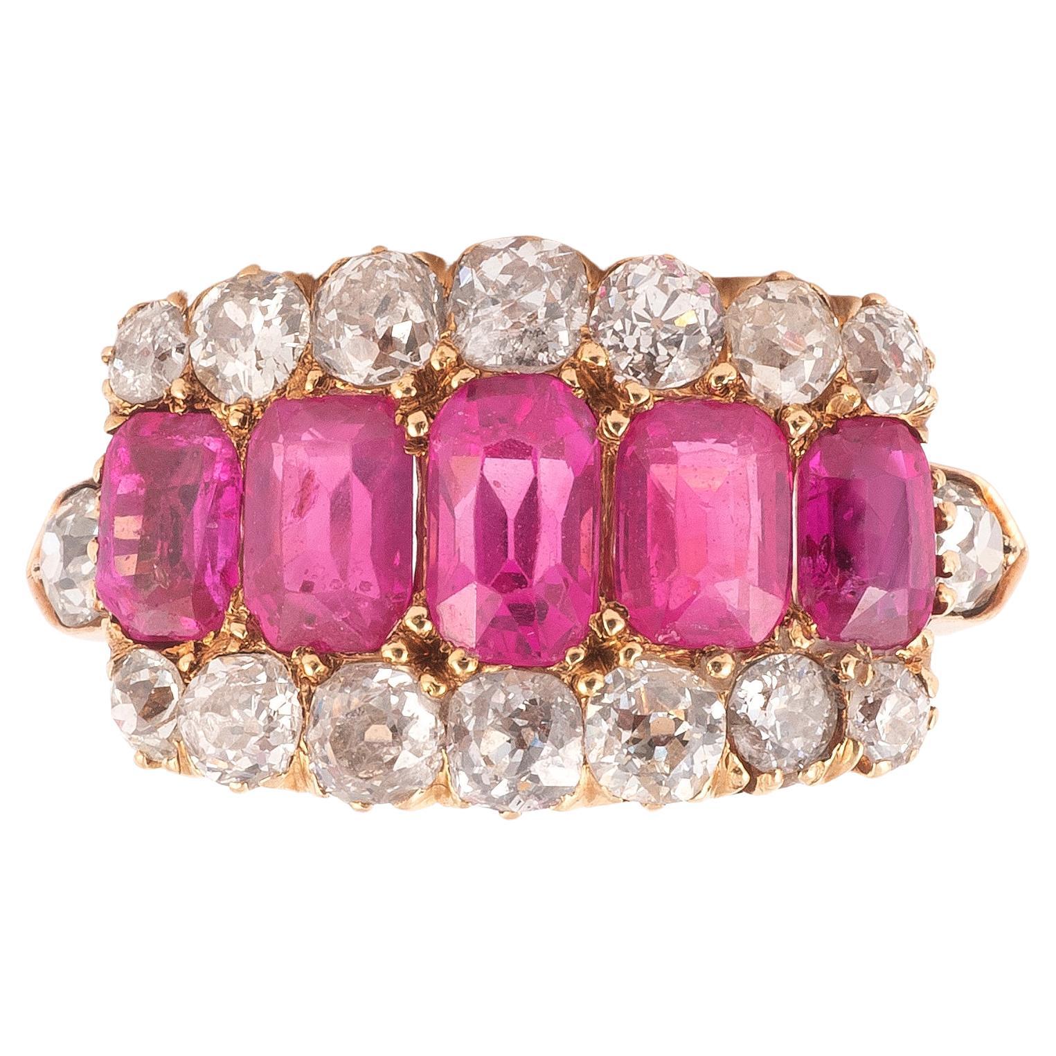 Late 19th Century Burma Ruby Diamond and Yellow Gold Ring, c.1890 For Sale