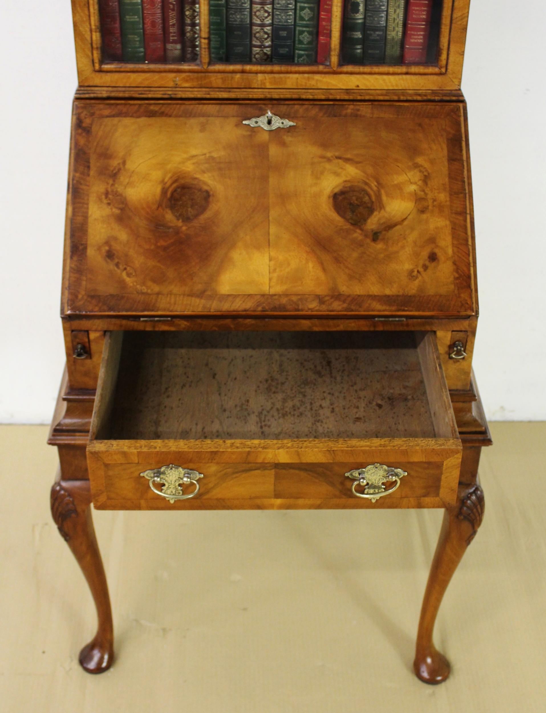 Late 19th Century Burr Walnut Queen Anne Style Bureau Bookcase For Sale 8
